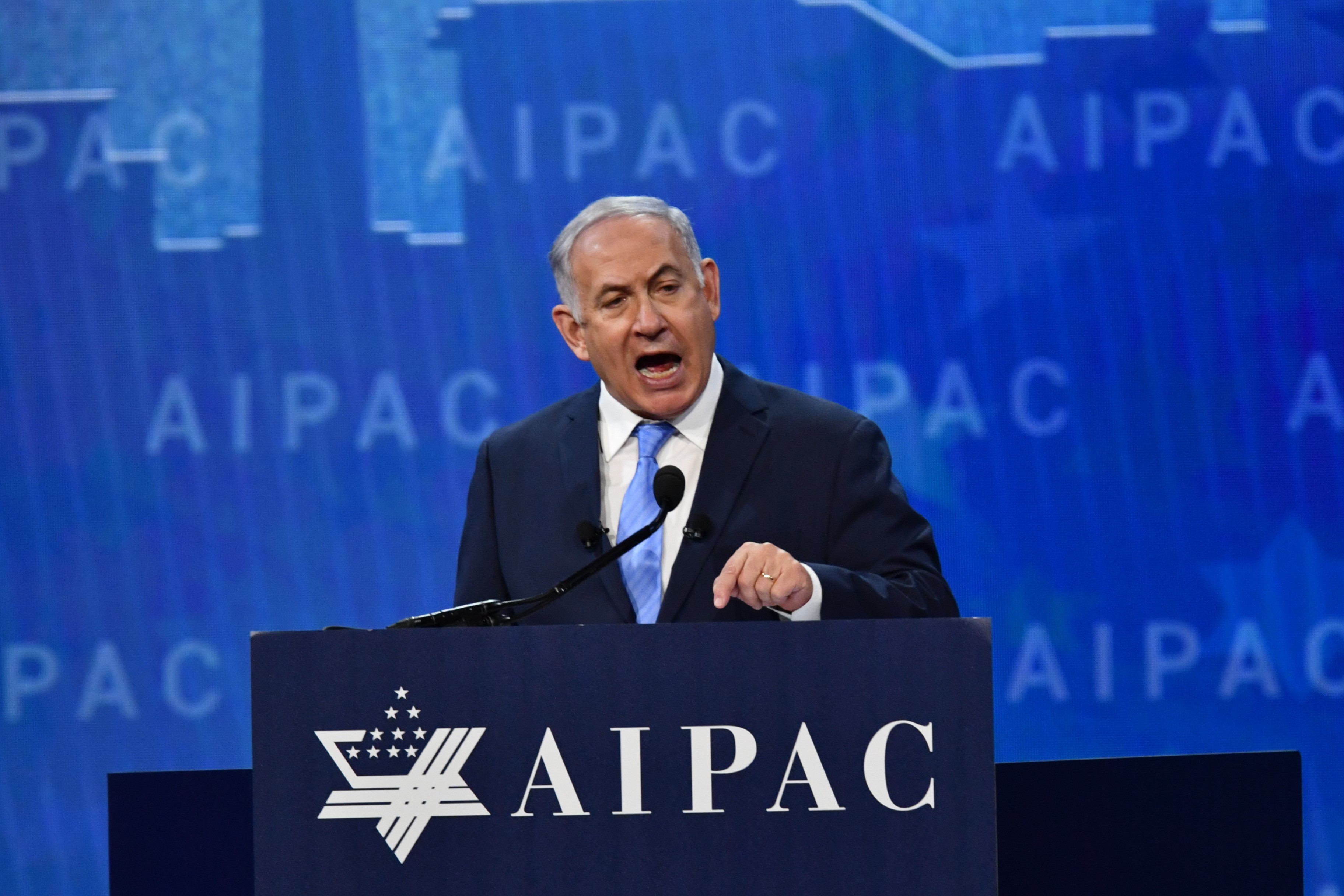 Israeli Prime Minister Benjamin Netanyahu speaks during AIPAC policy conference in Washington, DC, on 6 March 2018 (AFP)