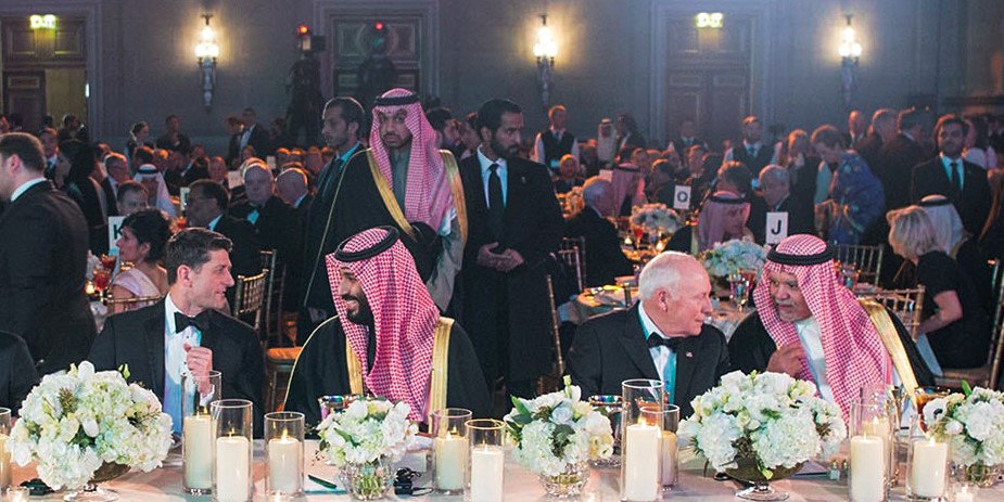 Saudi Crown Prince Mohammed bin Salman (C-R) dining with US House Speaker Paul Ryan (C-L), Republican of Wisconsin, during the Saudi-US Partnership Gala event in Washington, DC, along with former US Vice President Dick Cheney (4th-R), former Saudi Ambassador to the US Prince Bandar bin Sultan