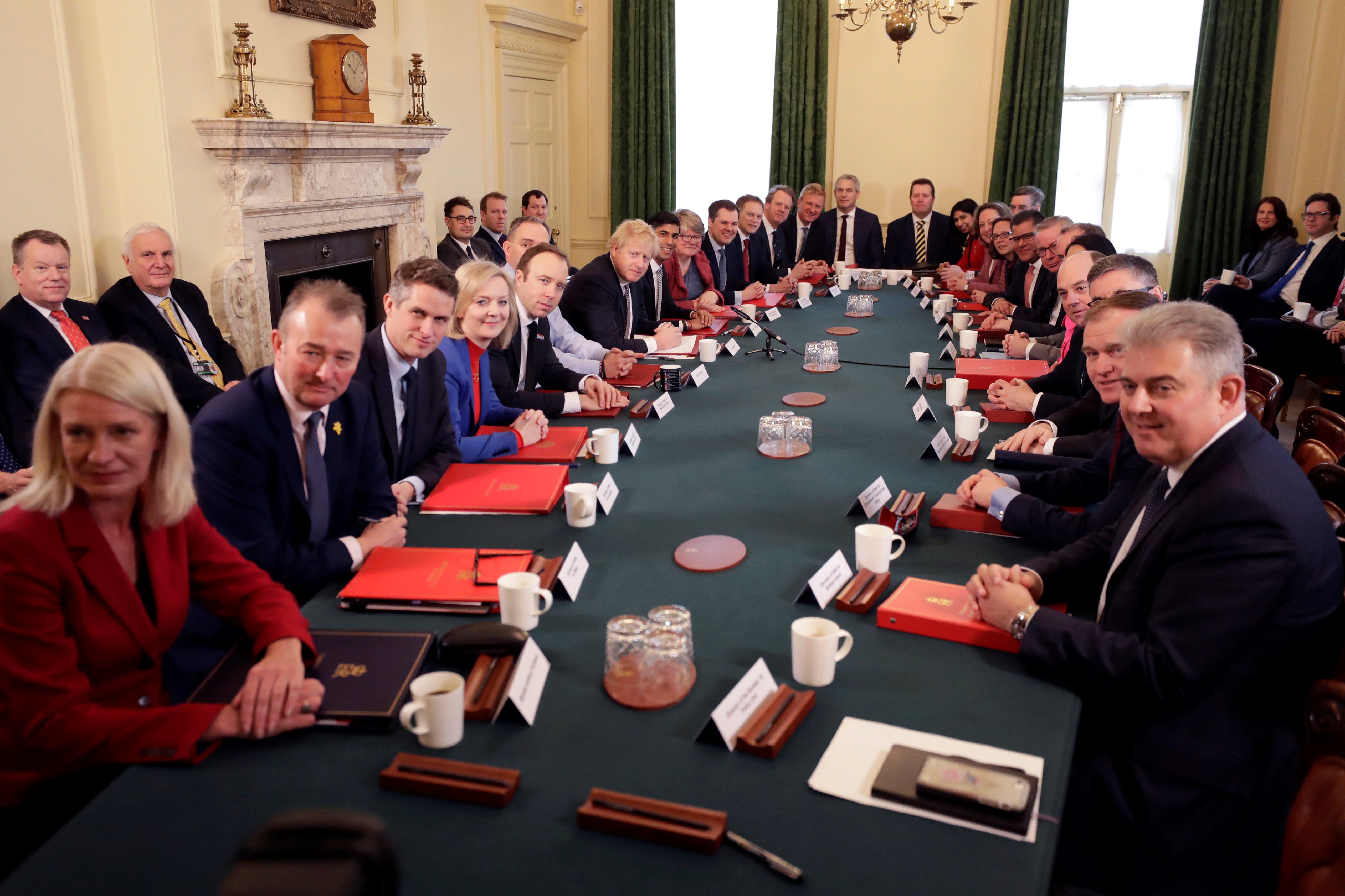 Britain's Prime Minister Boris Johnson chairs his first meeting of the cabinet the day after a reshuffle at 10 Downing Street in central London on February 14, 2020