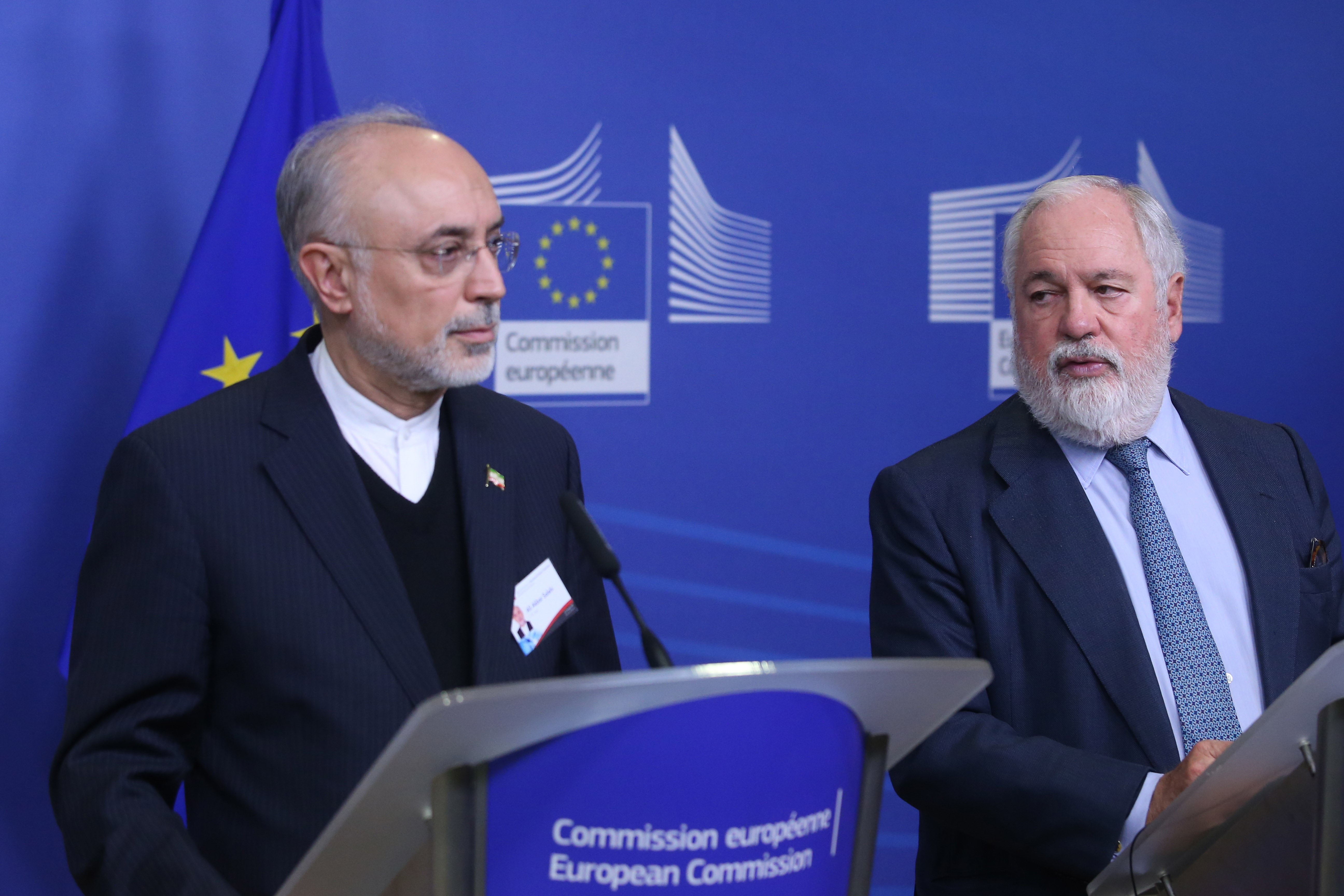 Miguel Arias Canete, right, European Commissioner for Climate Action and Energy, and Ali Akbar Salehi, head of the Atomic Energy Organisation of Iran in November 2018 (AFP)