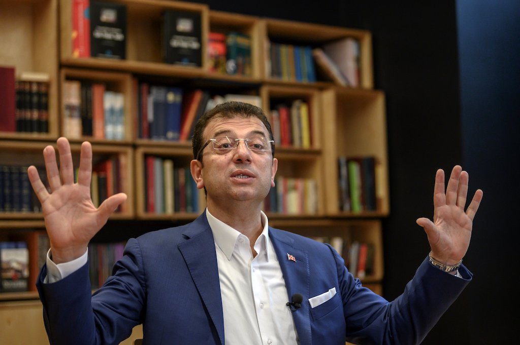Turkish opposition candidate for Istanbul re-run mayoral election, Ekrem Imamoglu gestures as he speaks to AFP in an interview on 9 May, 2019 (AFP)
