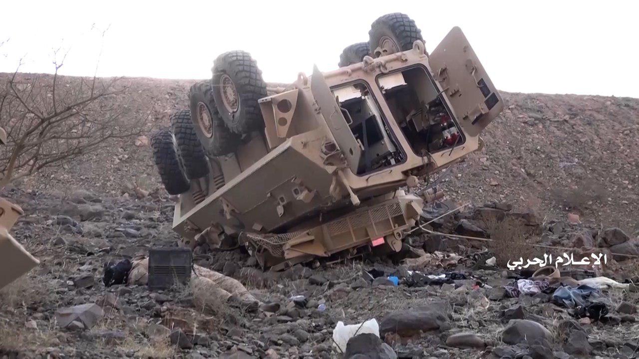 An image of an armoured vehicle the Houthis say they destroyed in an attack on the Saudi border (Screenshot)