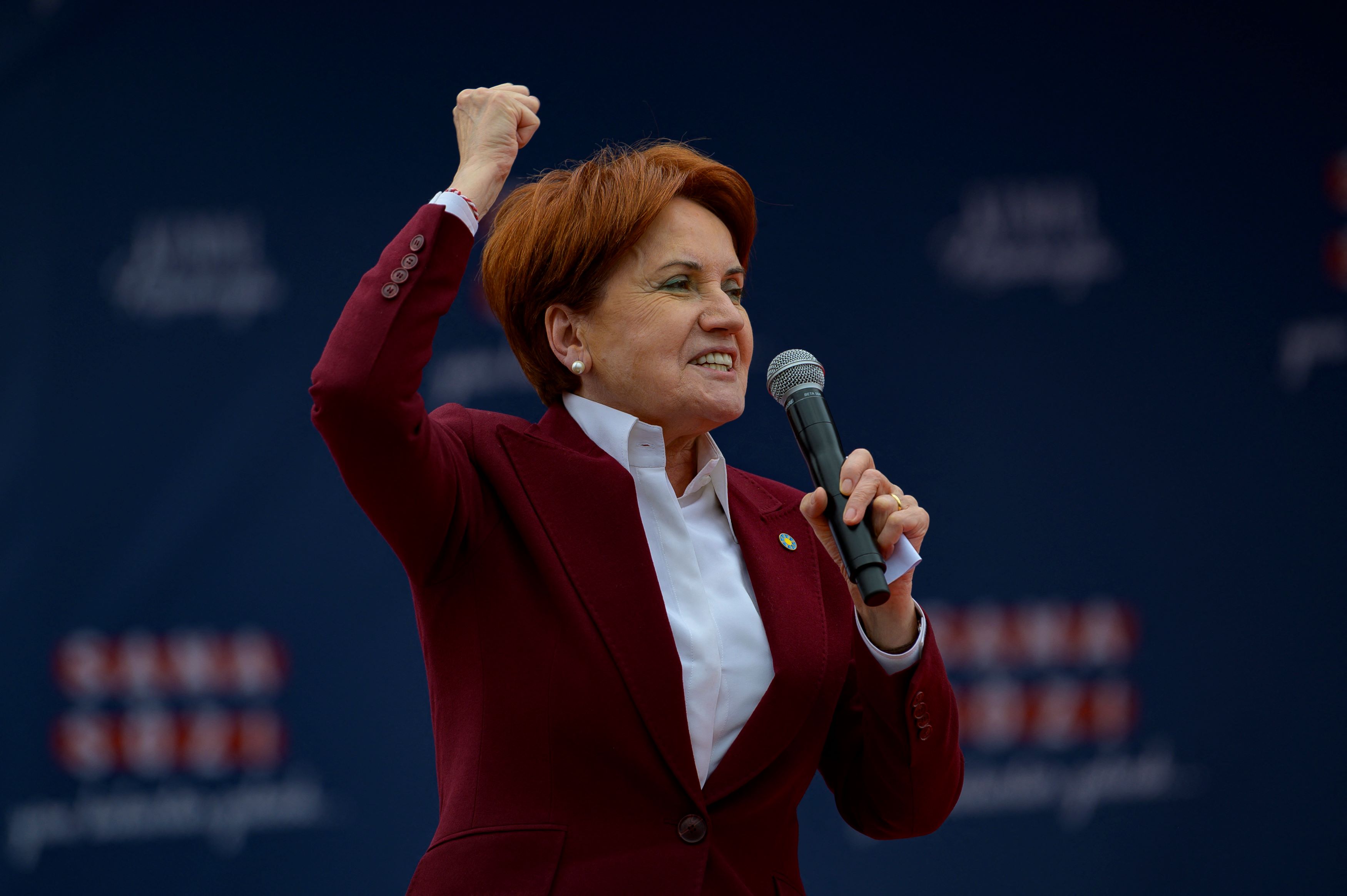 Leader of IYI Party Meral Aksener speaks on the stage during a rally in support of Republican People's Party (CHP) Chairman and Presidential candidate Kemal Kilicdaroglu in Kocaeli, on April 28 (AFP)