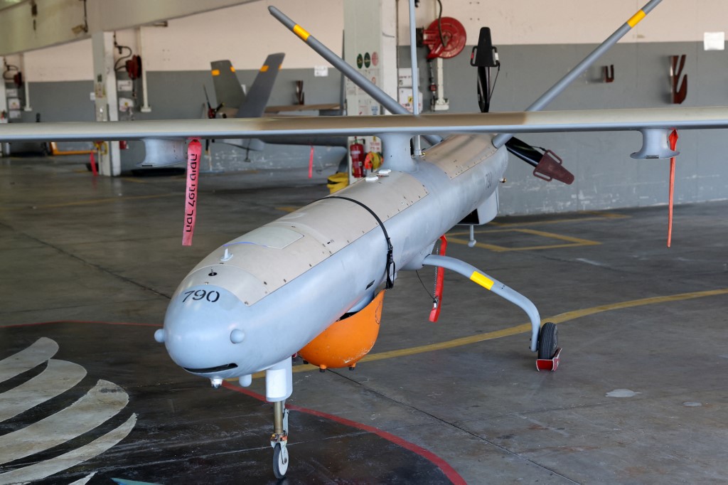 A view shows an "Elbit Hermes 450" unmanned aerial vehicle at Israel's Palmachim Air Force Base, on July 5, 2023. JACK GUEZ / AFP