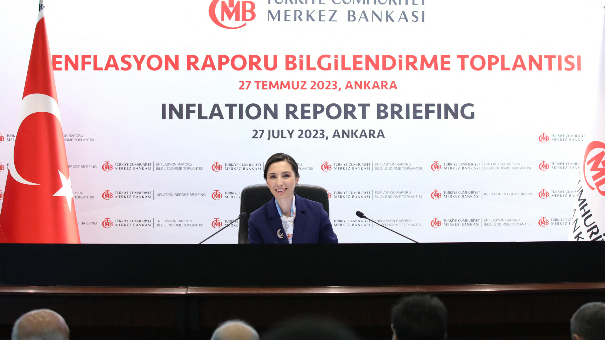 Turkish Central Bank Governor Hafize Gaye Erkan addresses a presentation about the Inflation Report 2023-III in Ankara, 27 July 2023 (Turkish Central Bank Press Office via AFP)