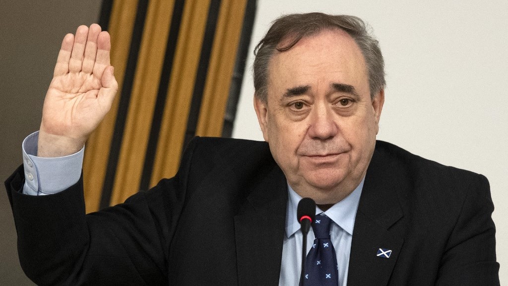 Former Scottish National Party leader and former First Minister of Scotland, Alex Salmond is sworn in before giving evidence to The Committee on the Scottish Government Handling of Harassment Complaints at Holyrood in Edinburgh examining the government's handling of harassment allegations against him on February 26, 2021