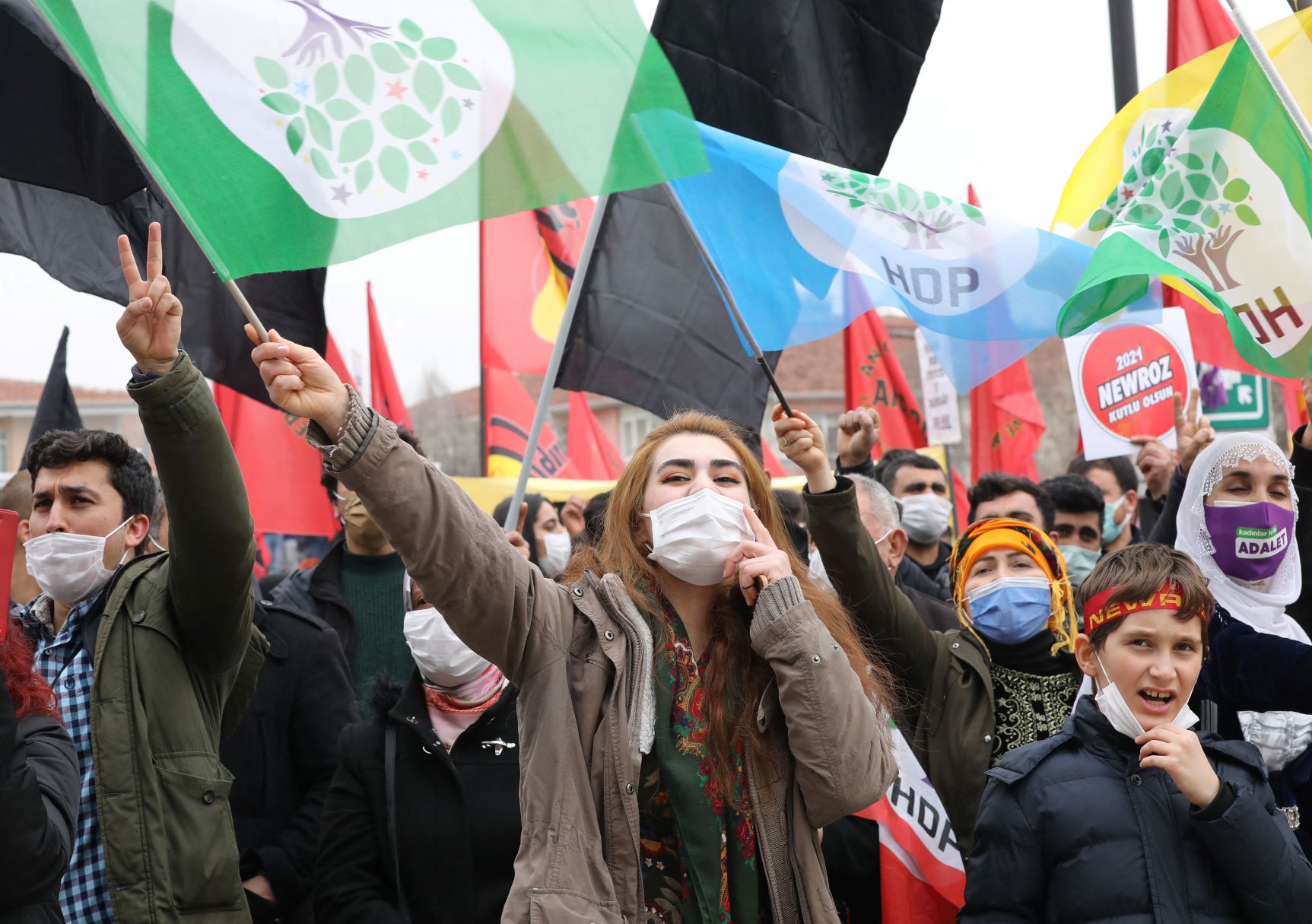 Supporters of Pro-Kurdish Peoples' Democratic Party (HDP) shout slogans during a rally as part of Nowruz (Newroz), or Kurdish New Year, celebrations in Ankara, on March 21, 2021 (AFP)