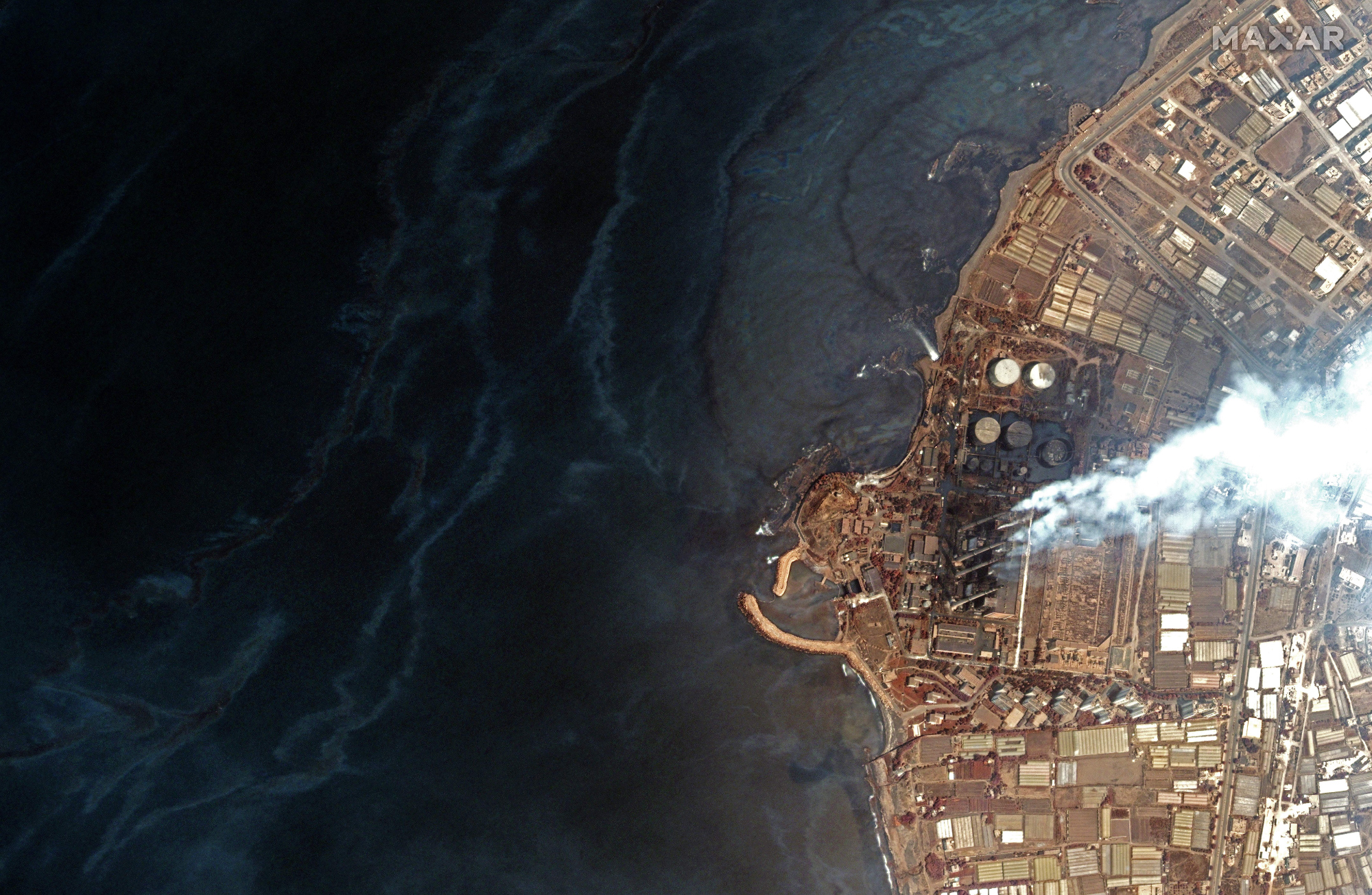 This handout satellite imagery released by Maxar Technologies on 31 August, 2021 shows the Baniyas power plant on Syria's Mediterranean coast.
