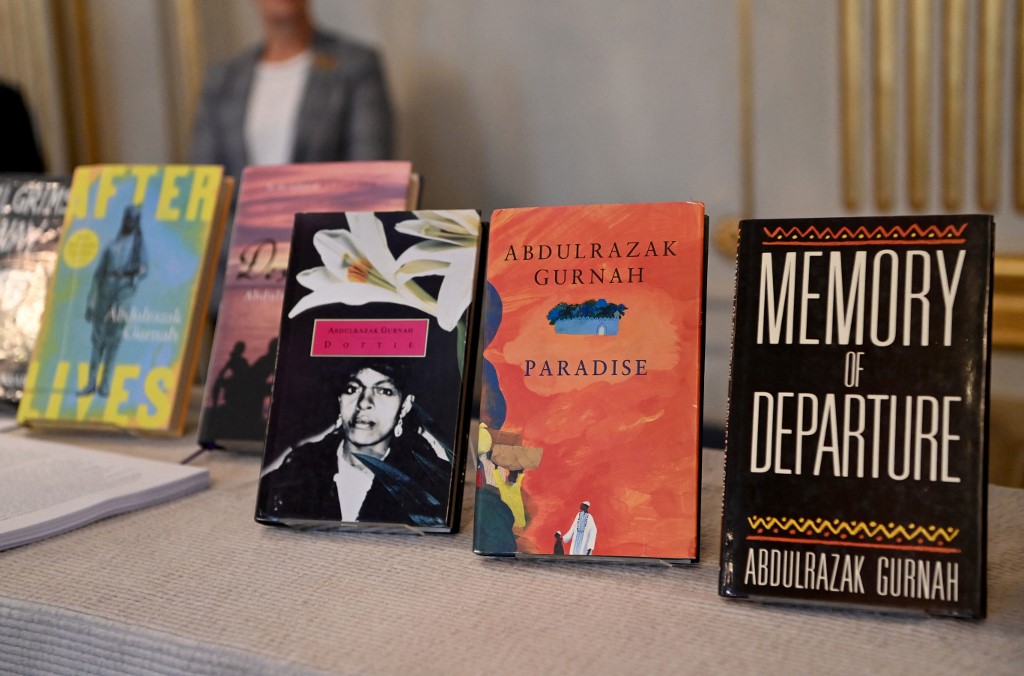 Books by novelist Abdulrazak Gurnah on display at the Swedish Academy in Stockholm