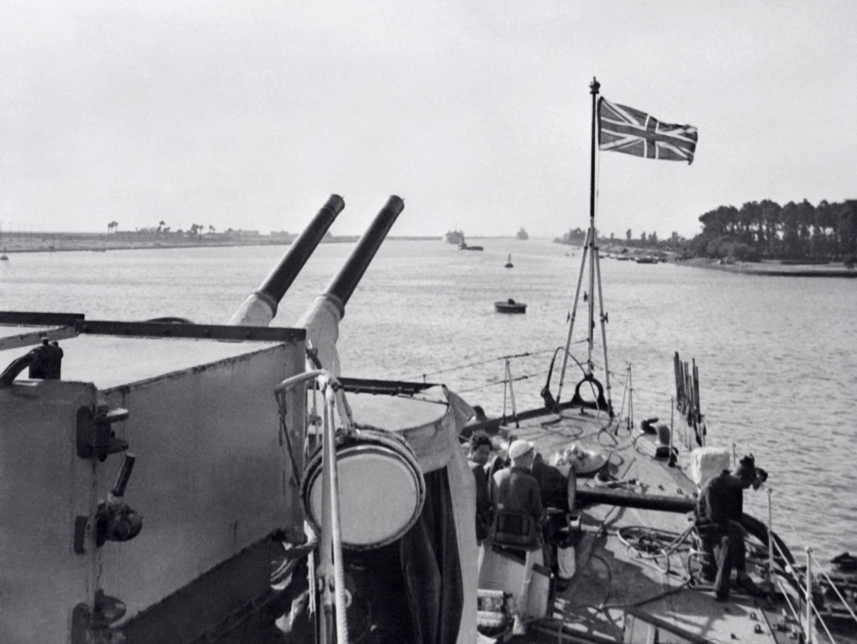 File photo from the early 1950s of a British ship at anchor near the banks of the Suez Canal in Egypt (AFP)
