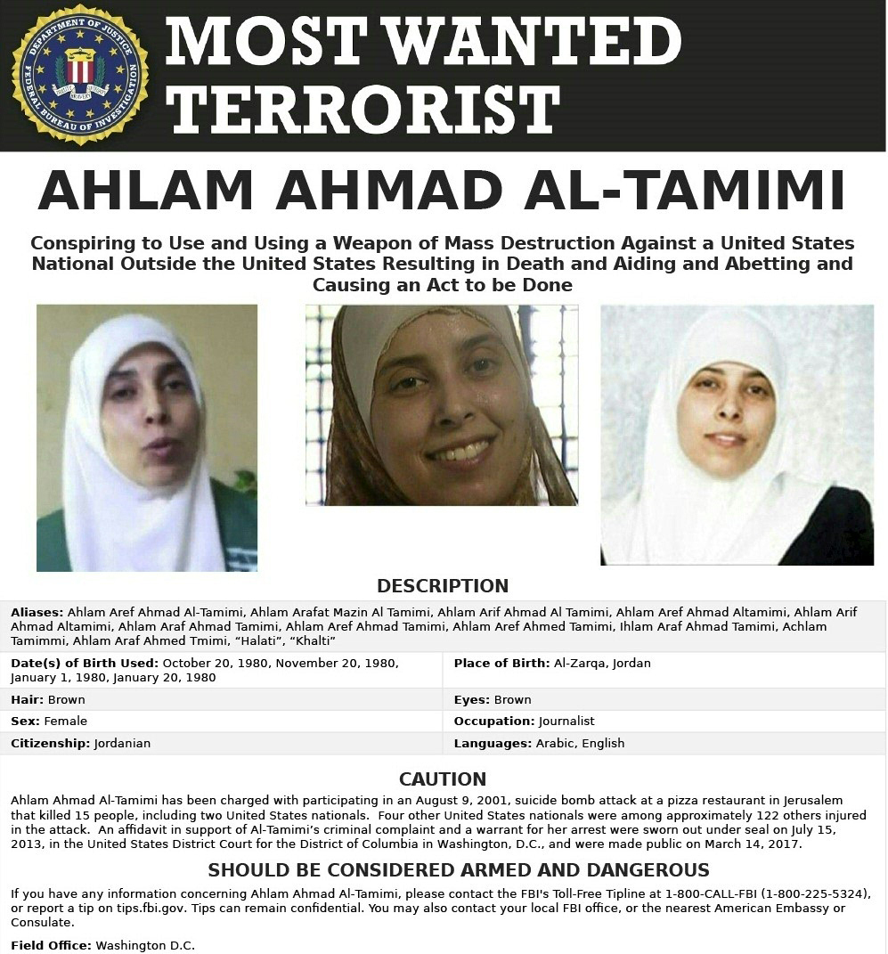 A Most Wanted Terrorist poster issued by the US Federal Bureau of Investigation (FBI) on 14 March, 2017 shows photos of Ahlam Tamimi