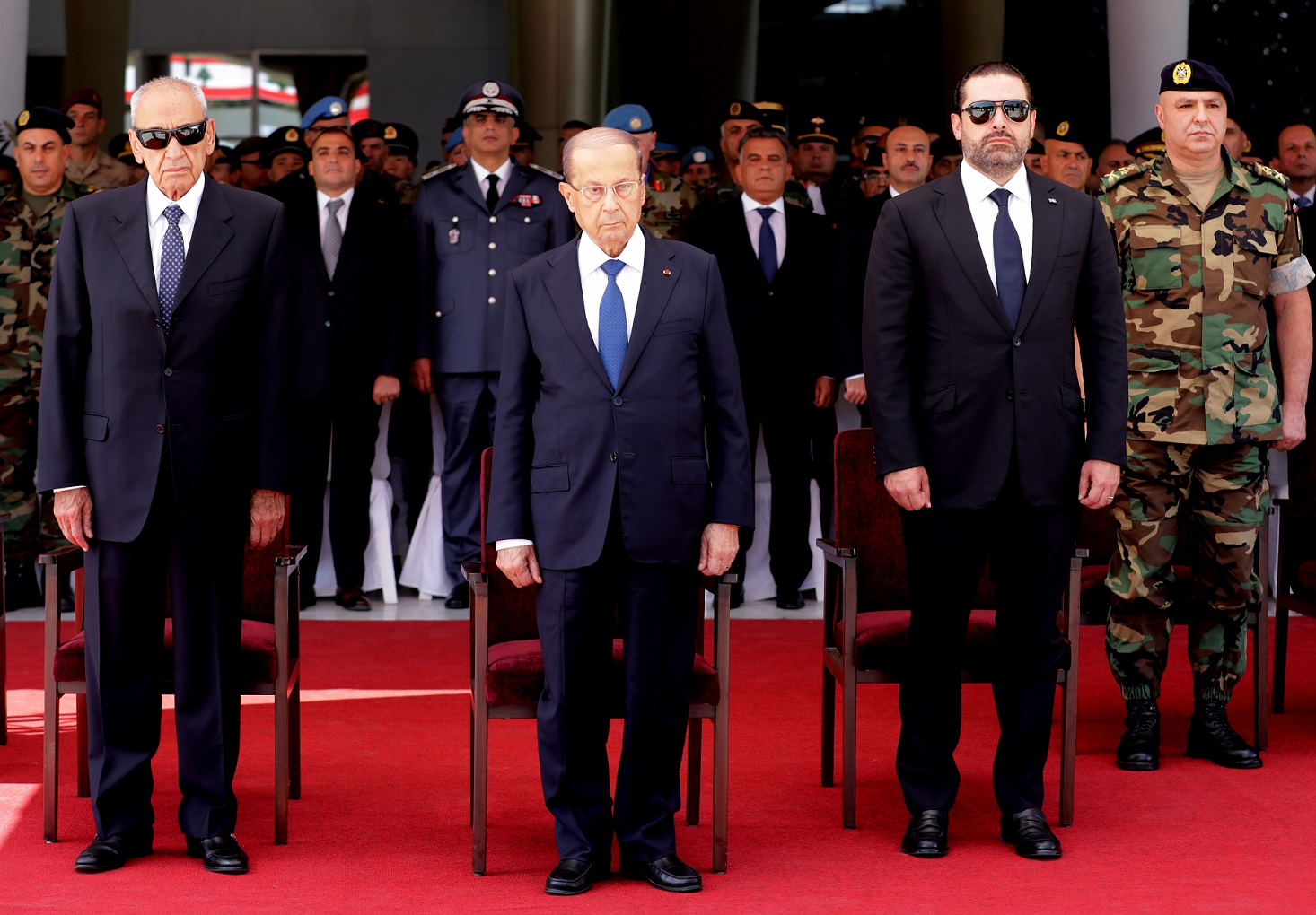 Le président libanais Michel Aoun, chrétien maronite, le Premier ministre Saad Hariri, musulman sunnite, et le président du Parlement Nabih Berri, chiite, le 8 septembre 2017 Beyrouth (AFP)