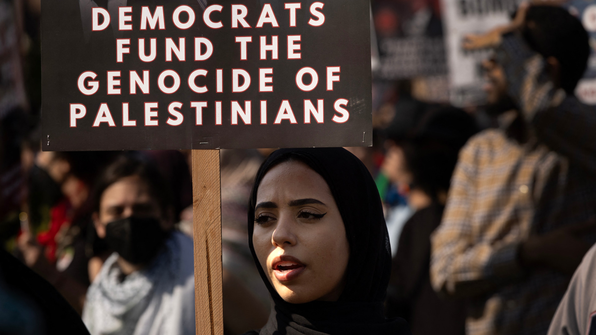 Demonstrators rally against US support for Israel's genocide on Gaza, near the Democratic National Convention that took place on 21 August 2024 in Chicago, IL (Scott Olson/AFP/Getty)