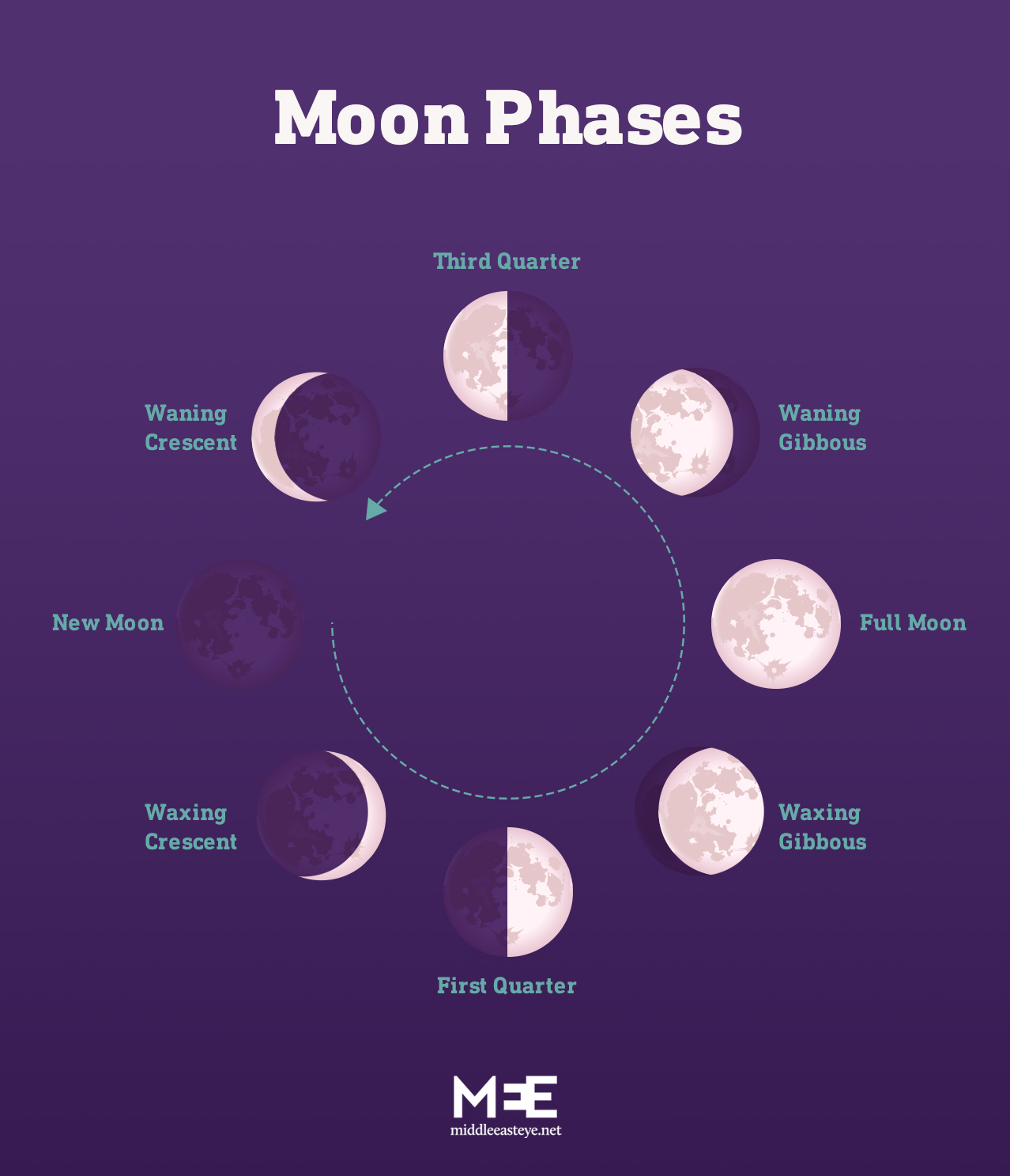 Different phases showing how the moon looks throughout the lunar month (MEE Graphics)
