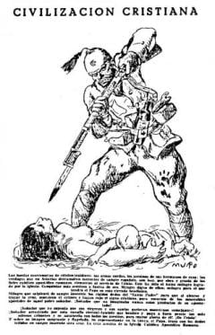 Caricature républicaine représentant un soldat musulman qui attaque une femme et un enfant (Fragua Social)