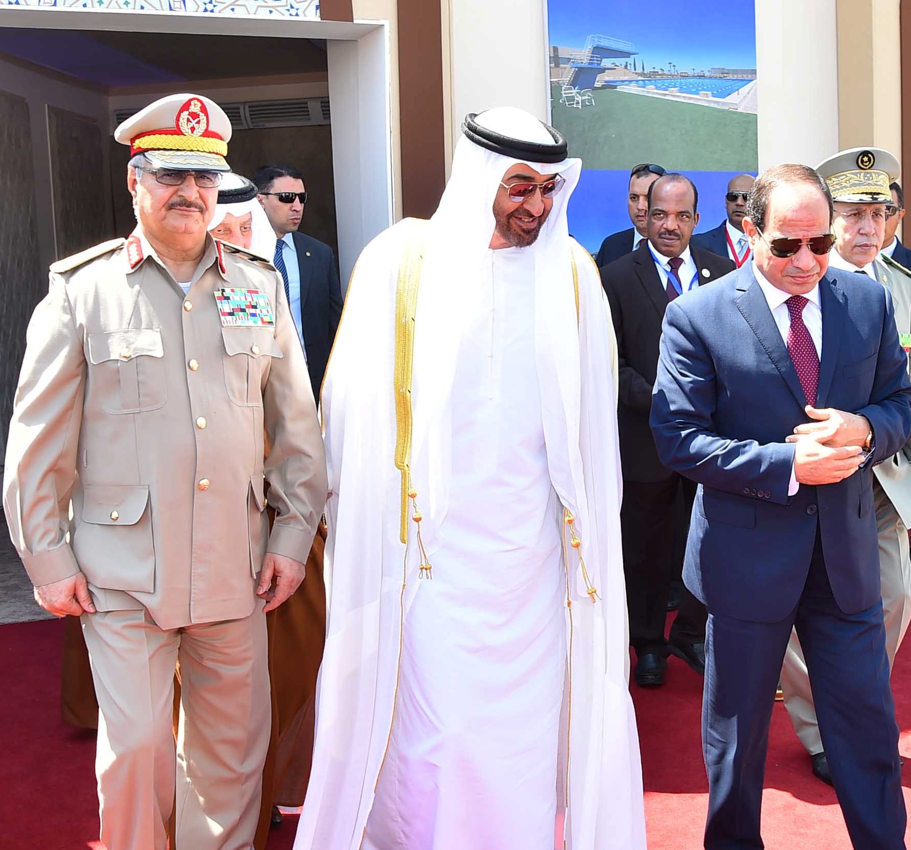  Egyptian president (R) arrives with Arab leaders Sheikh Mohammed bin Zayed (C), Crown Prince of Abu Dhabi, and General Khalifa Haftar on 22 July, 2017 (Reuters) 