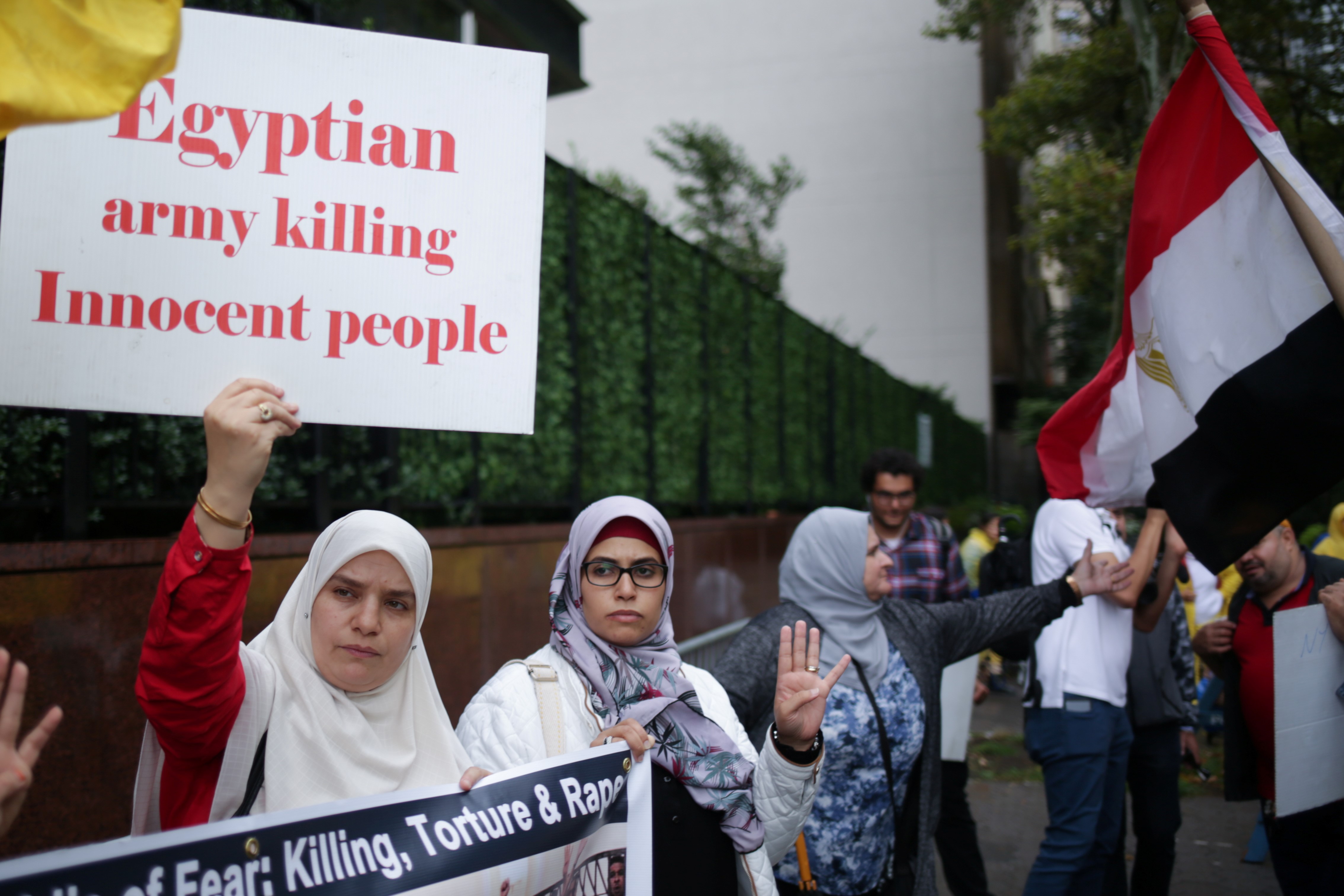  Egyptian-Americans hold a protest outside the UN headquarters during the United Nations General Assembly in Manhattan, New York, US, on 25 September,2018 (Reuters)
