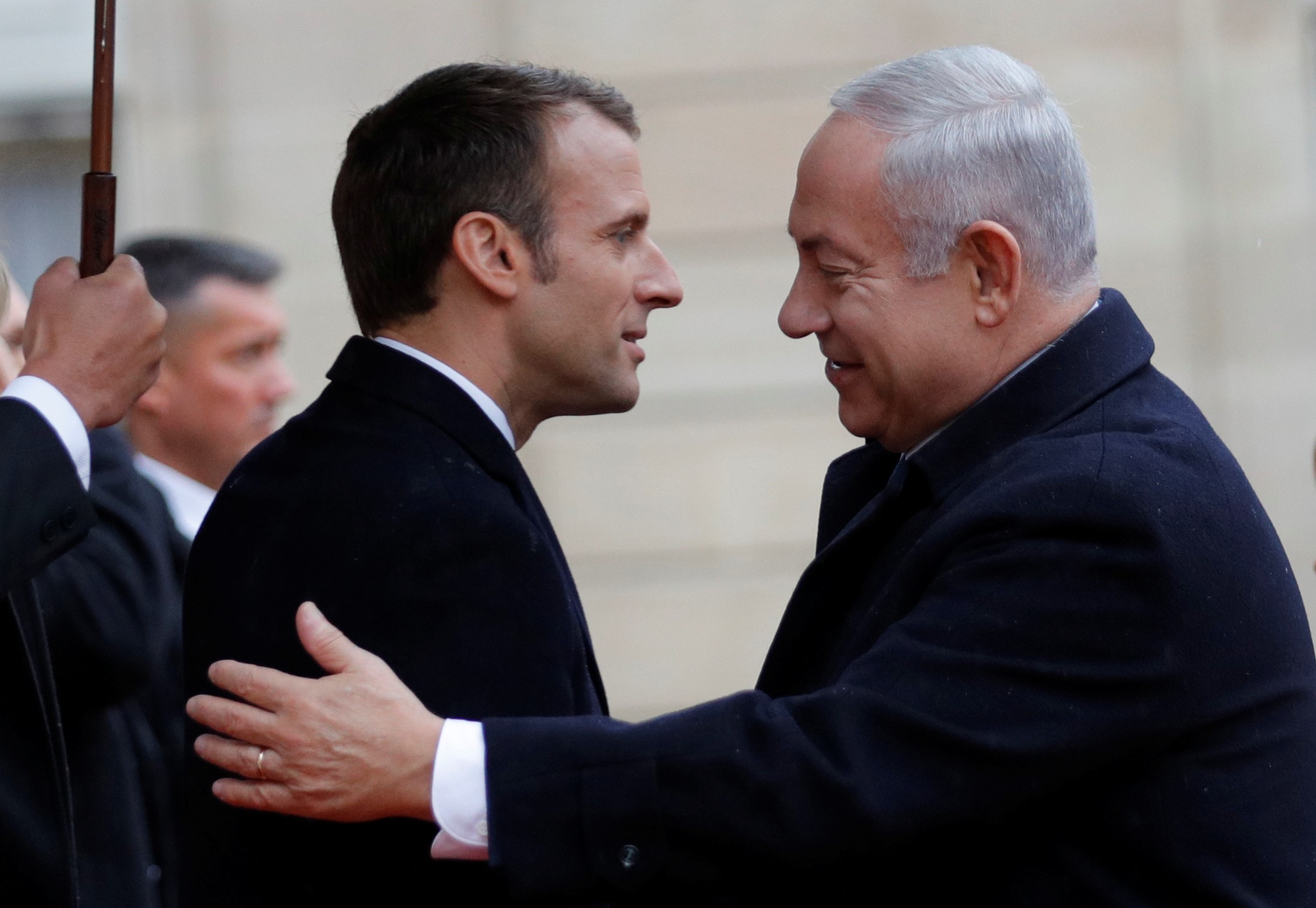  French President Emmanuel Macron welcome Israel Prime Minister Benjamin Netanyahu in Paris, France, on 11 November, 2018 (Reuters)