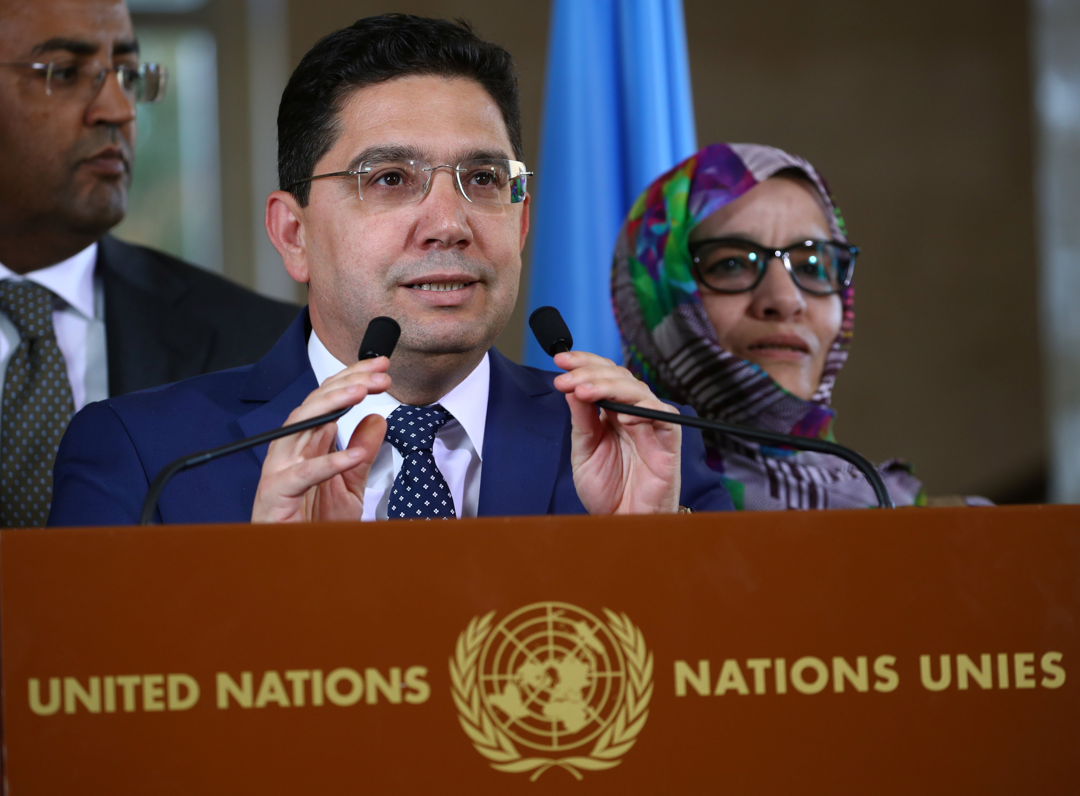 Moroccan Foreign Minister Bourita attends a news conference after a roundtable on Western Sahara at the United Nations in Geneva (Reuters)