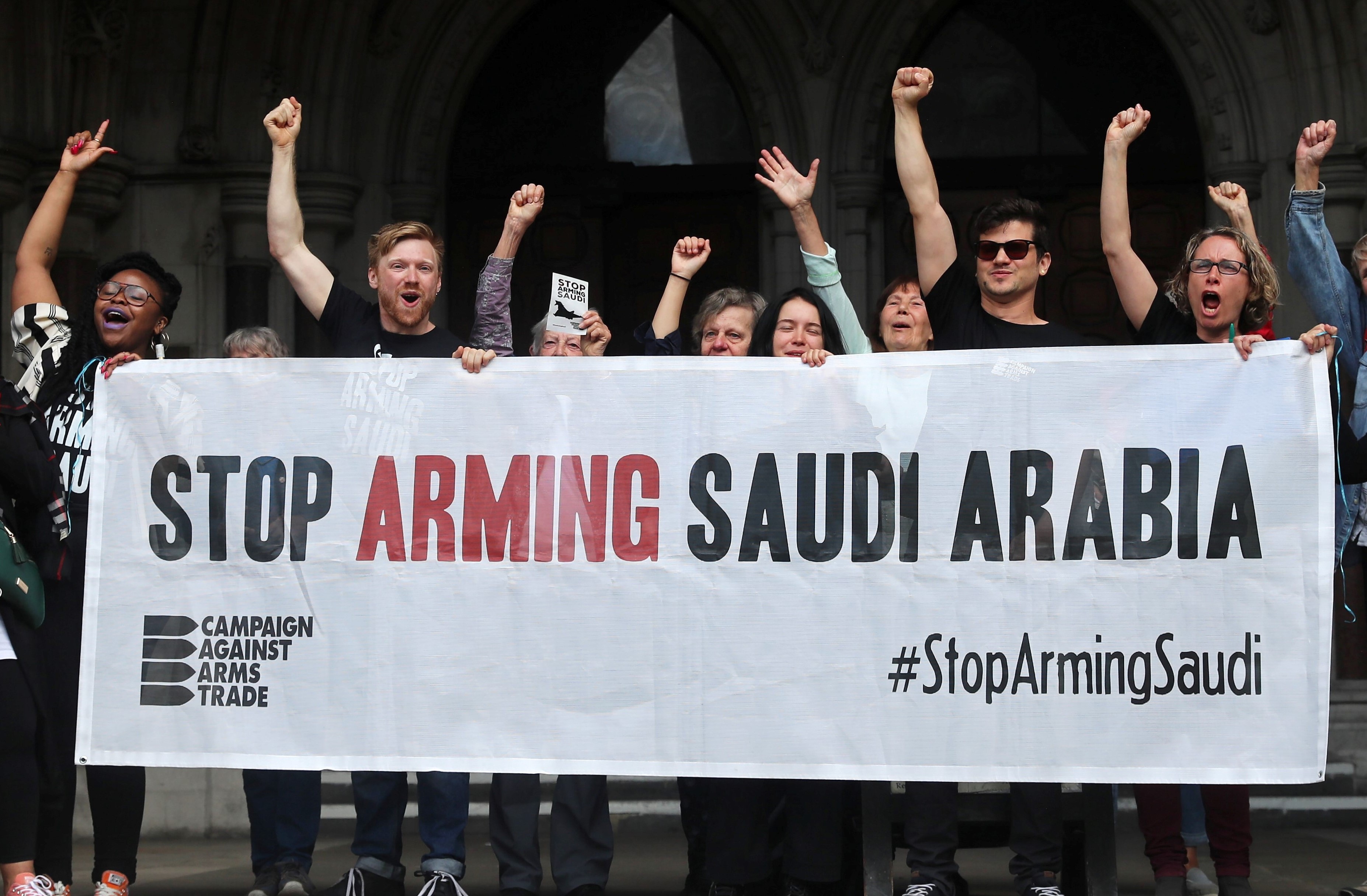 Demonstrators outside the Court of Appeal after court ruled UK arms sales to Saudis unlawful on 20 June (Reuters)