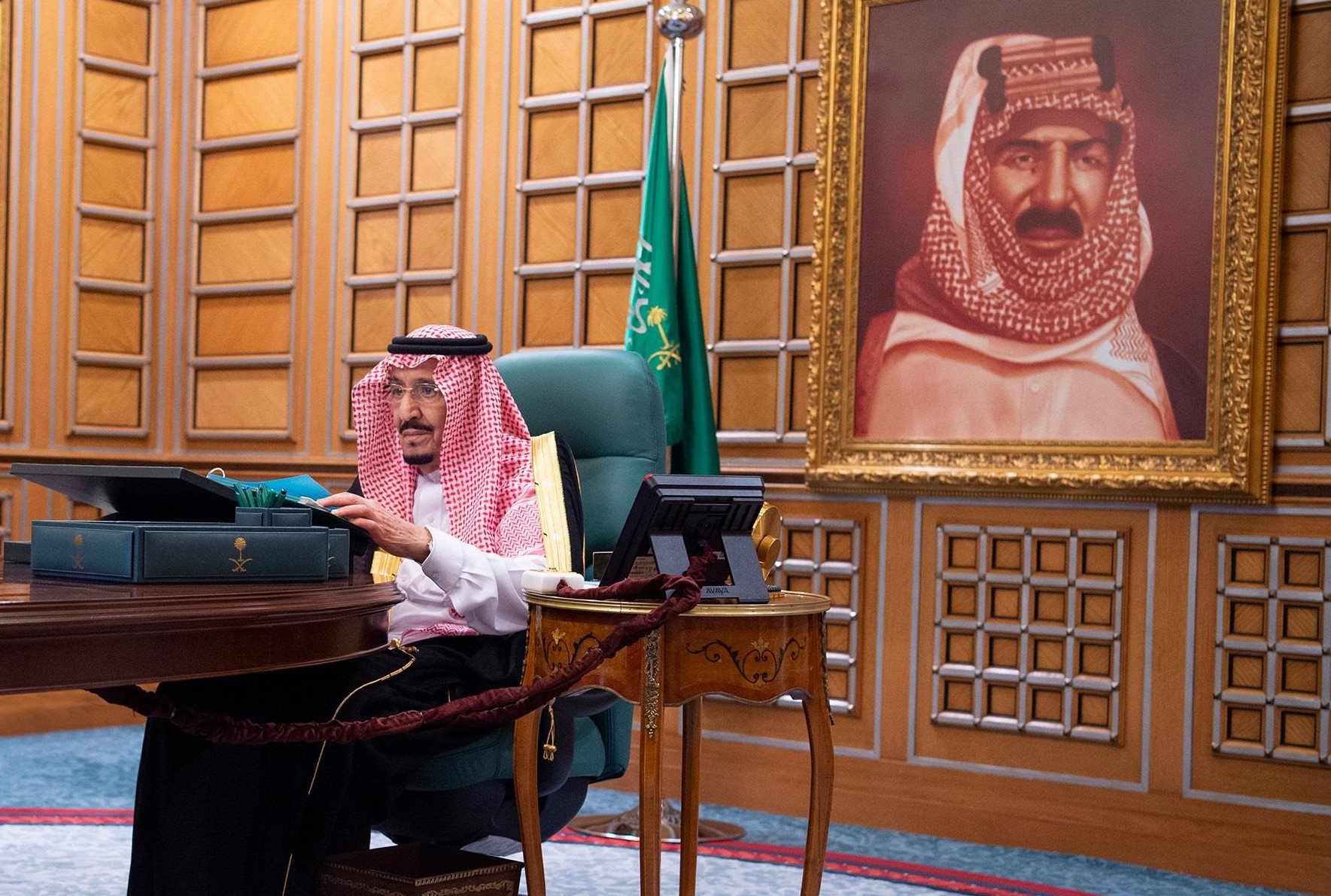 i King Salman, during a video call meeting with the Cabinet of Ministers in Riyadh, Saudi Arabia on May 13, 2020.