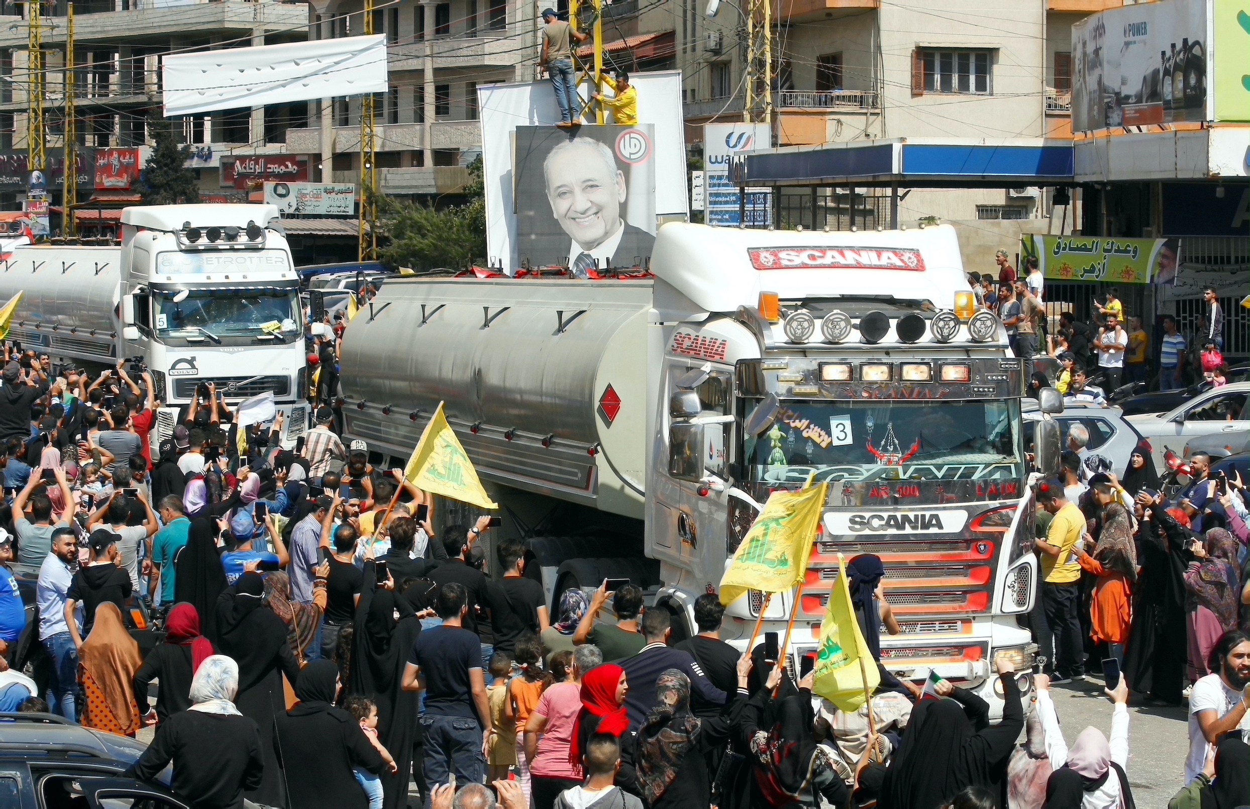 convoy of tanker trucks carrying Iranian fuel oil arrives in Baalbek, Lebanon