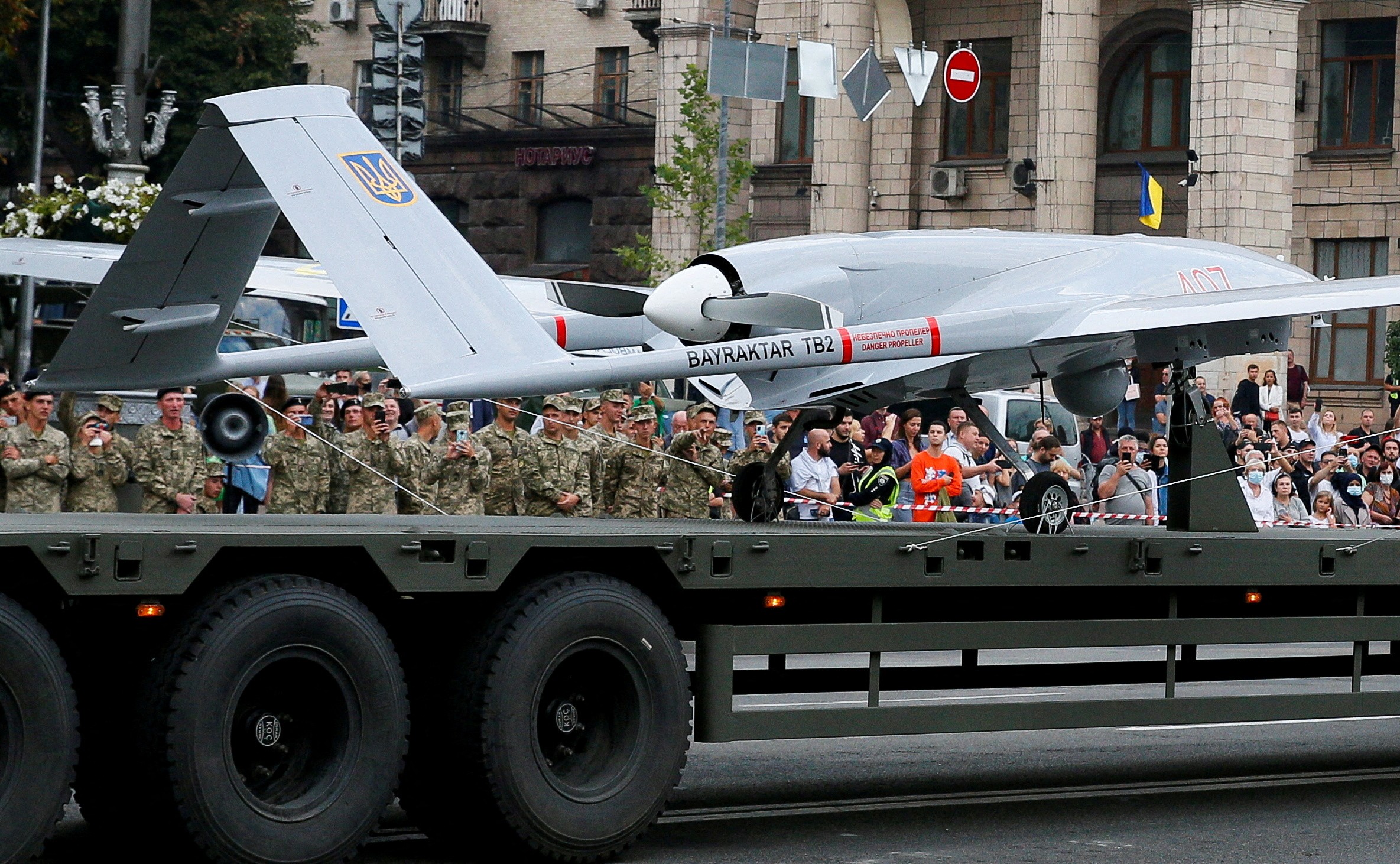 A Bayraktar drone seen during a rehearsal for the Independence Day military parade in central Kyiv, 18 August, 2021 (Reuters)