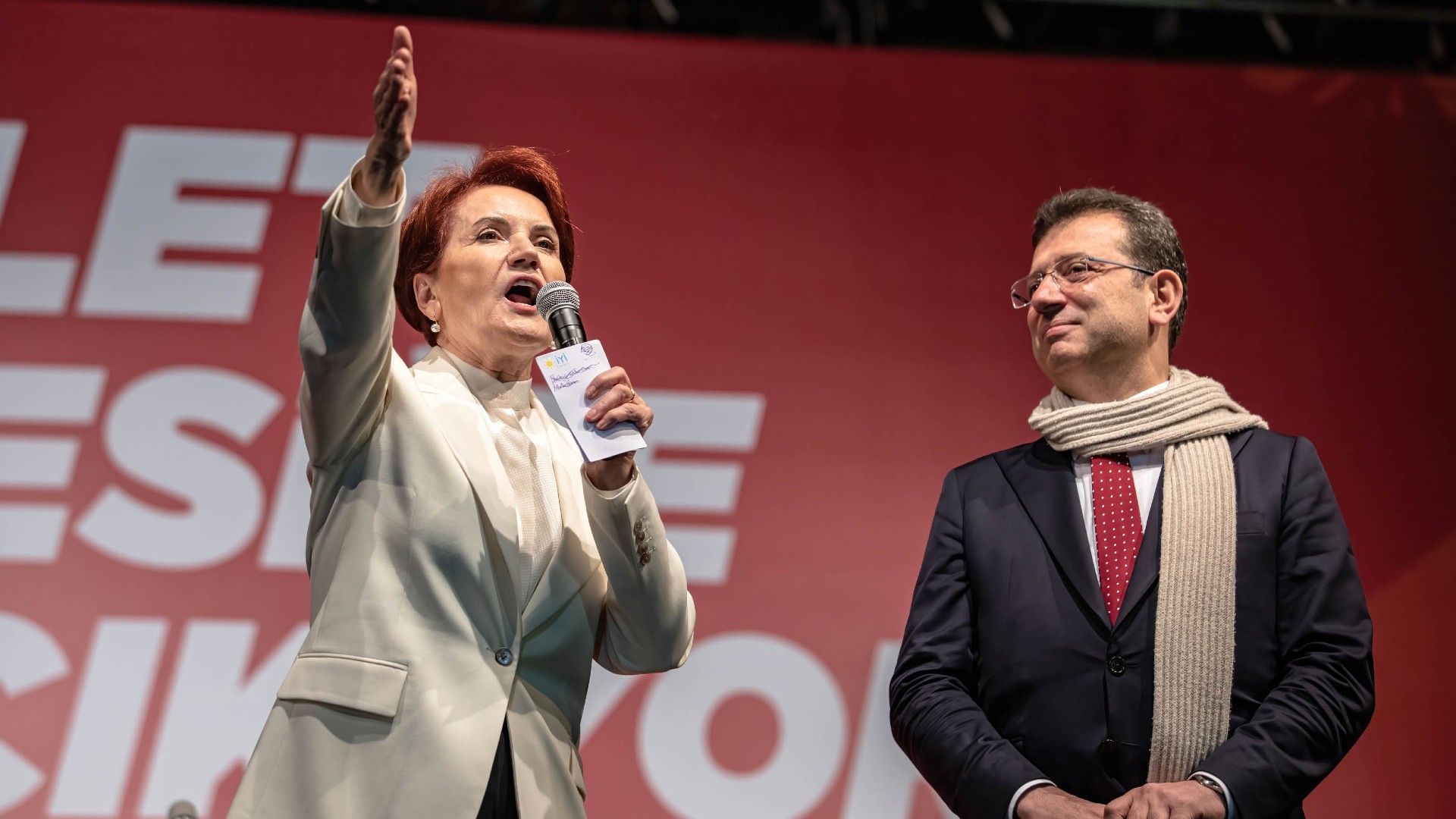 IYI Party Chairman Meral Aksener delivers a speech at a rally with Istanbul Mayor Ekrem Imamoglu in December 2022 (Reuters)