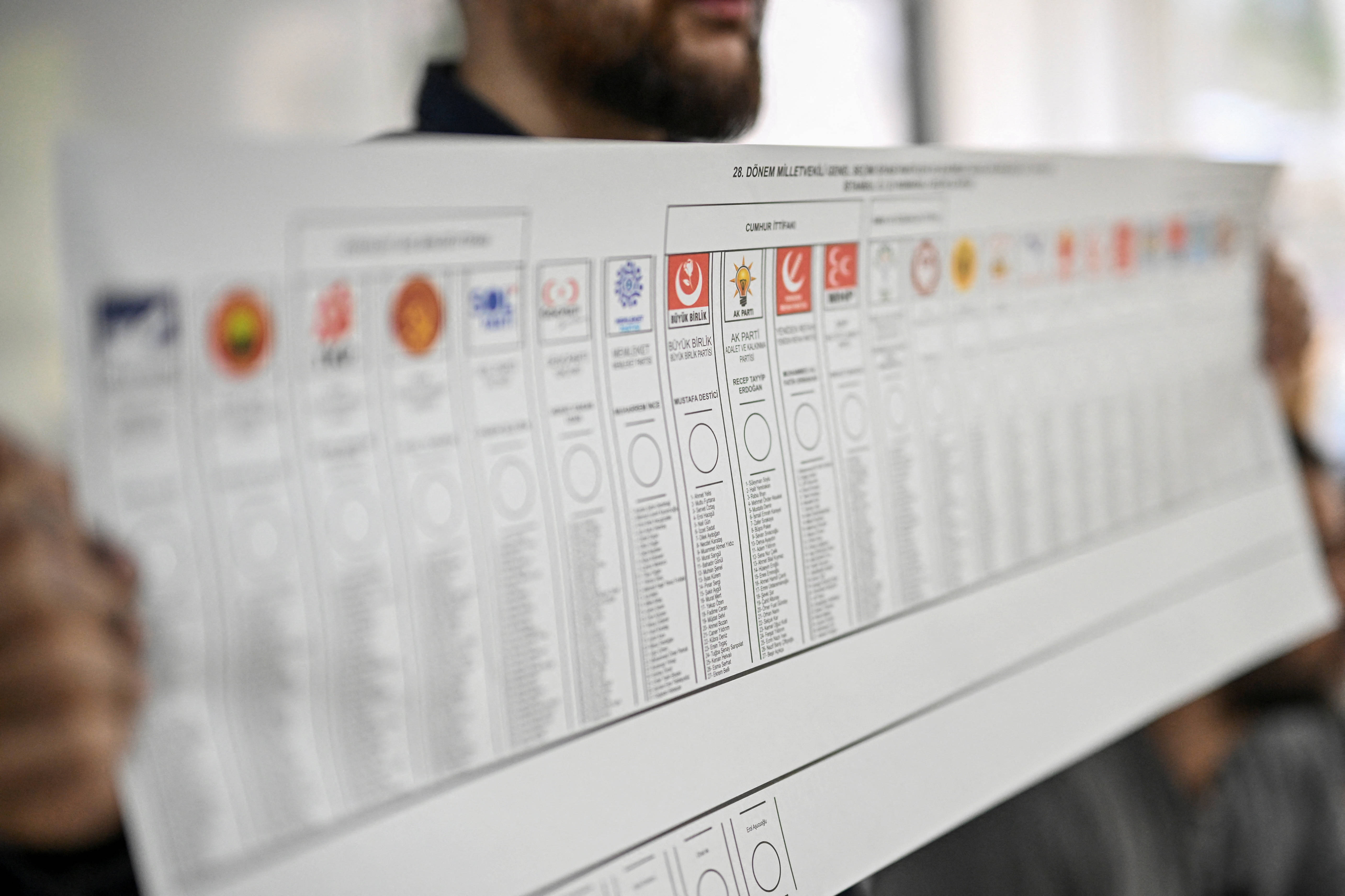 An election official displays a ballot at a polling station during the presidential and parliamentary elections, in Istanbul, Turkey 14 May 2023 (Reuters)