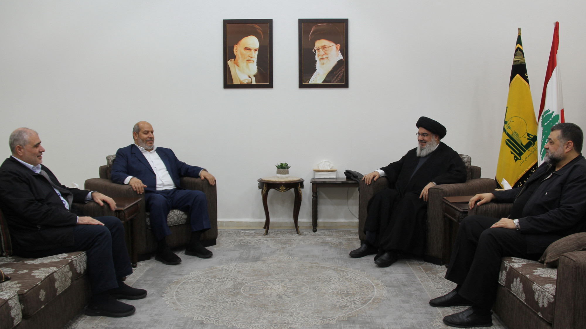 Lebanon's Hezbollah leader Sayyed Hassan Nasrallah meets with top Hamas official Khalil Al-Hayya on 5 July 2024 (Hezbollah Media Office Handout via Reuters)