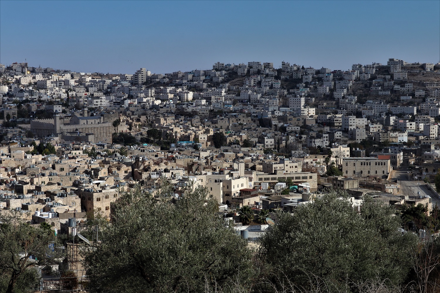 Vue sur la vieille ville d’Hébron depuis le siège de Chabab did al-Istitan. Sur la droite, l’entrée de l’ancien marché aux légumes palestinien convoité par les colons. Derrière, à gauche, se détache le tombeau des Patriarches (MEE/Marie Niggli)