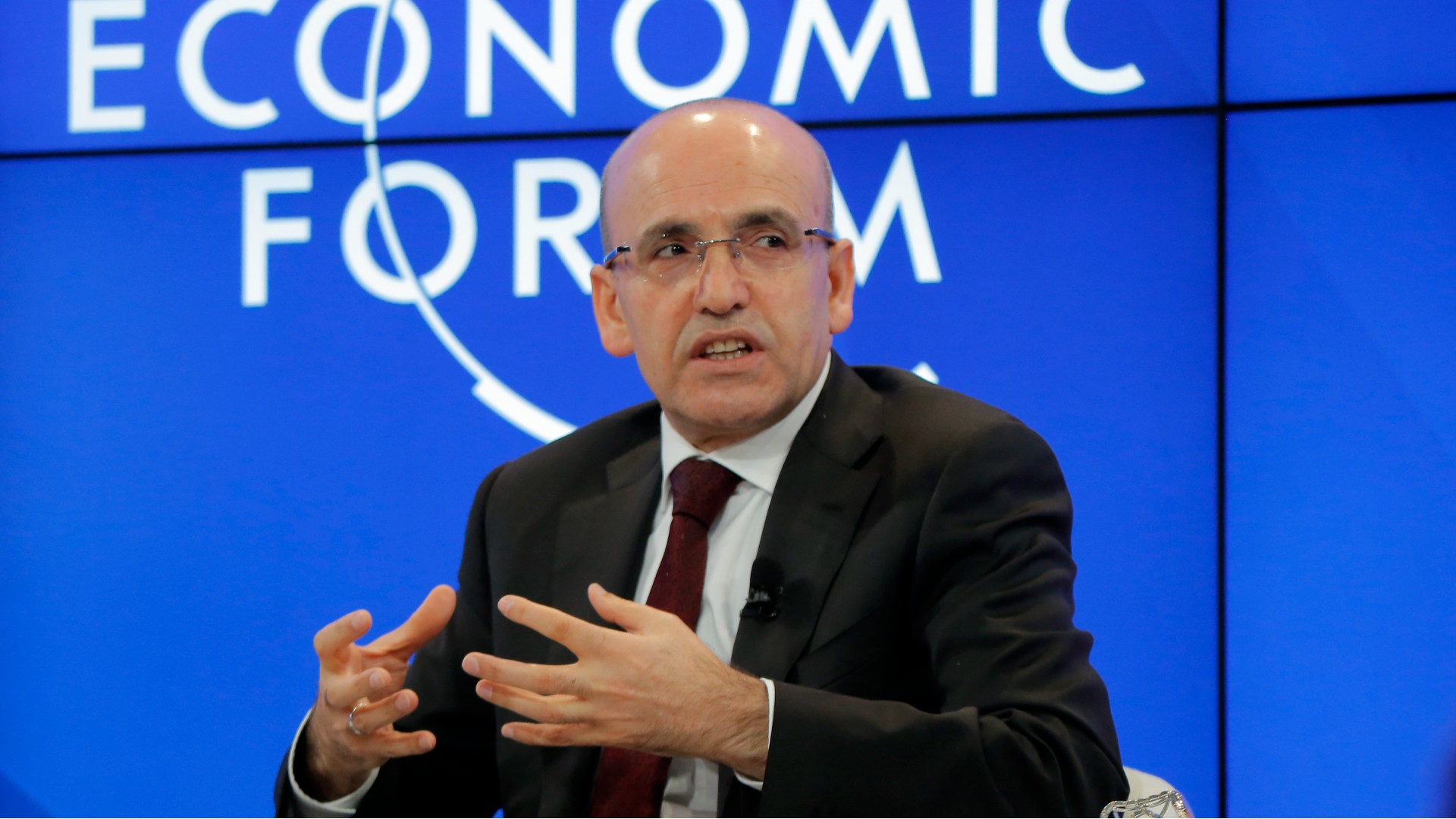 Mehmet Simsek speaks at the World Economic Forum in Davos in 2017 (AP)