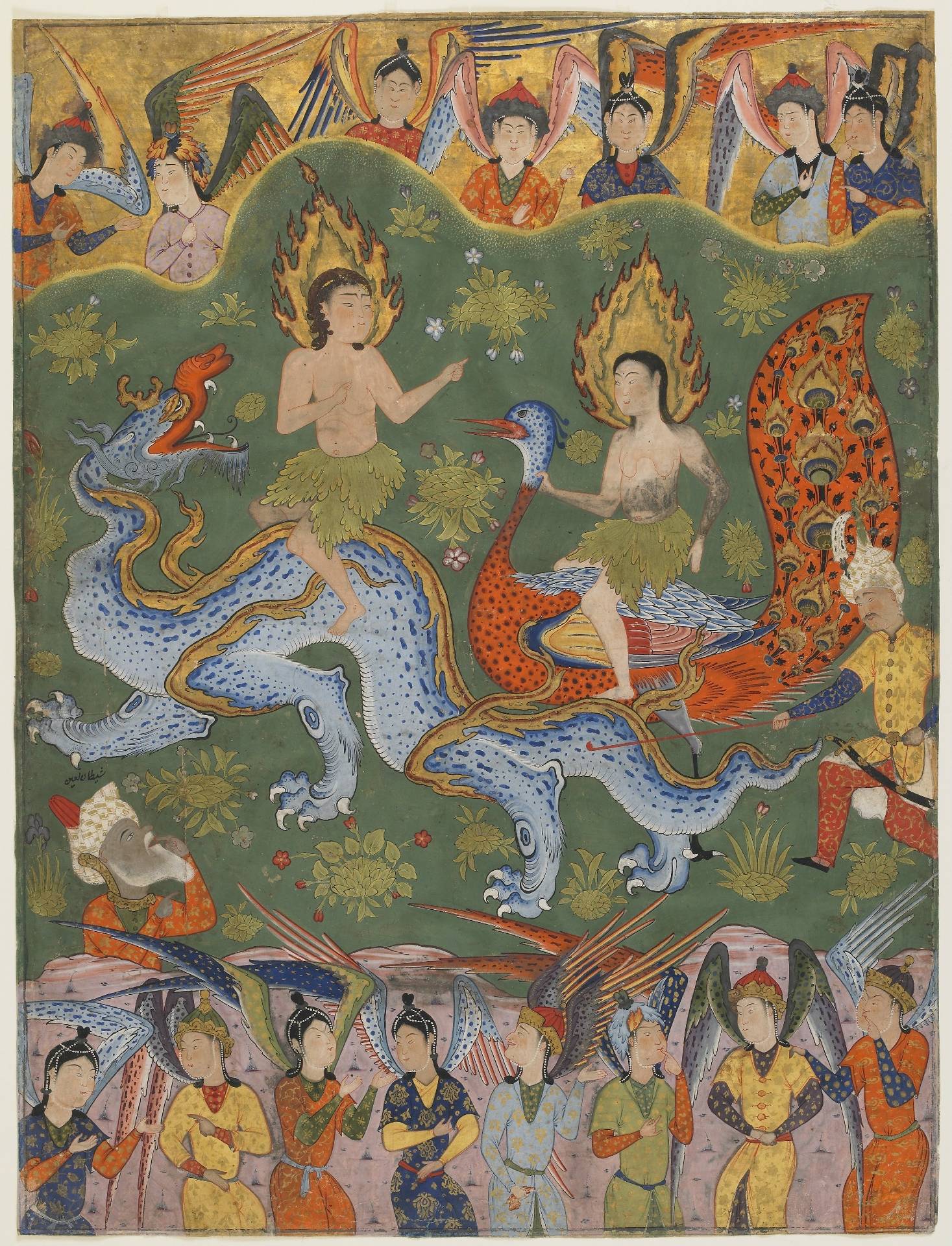 Iblis was said to have been brought up with the angels after he was captured in a battle on earth before humans existence (Unknown artist, Book of Omens, Falnama, Public Domain)