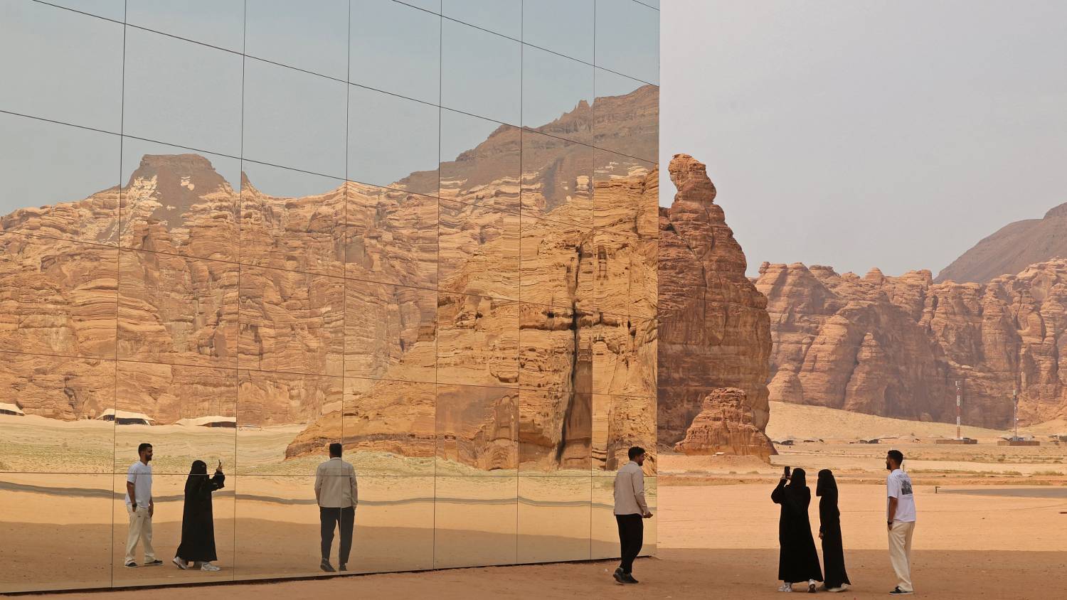 The Maraya concert hall, is said to be the world's largest mirrored building, and sits in the ruins of Al-Ula, a UNESCO World Heritage site in Saudi Arabia (Fayez Nureldine/AFP) 