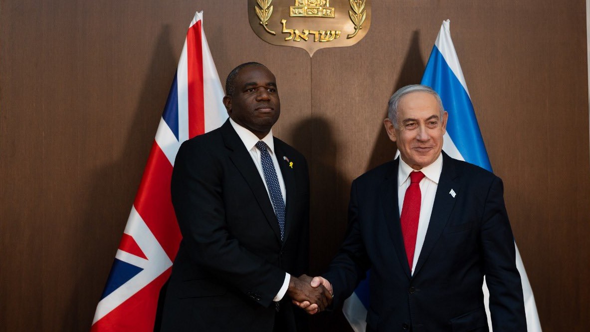 British Foreign Secretary David Lammy meets with Israeli Prime Minister Benjamin Netanyahu in Jerusalem on 14 July 2024 (FCDO/X)