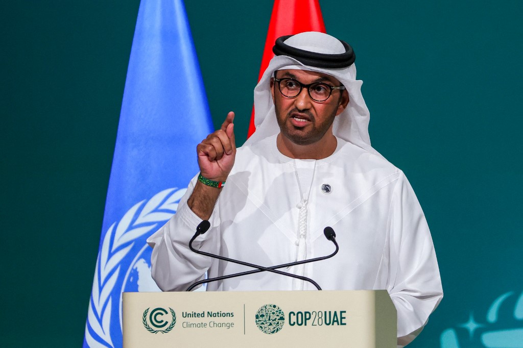Cop28 president Sultan Ahmed al-Jaber speaks during the opening ceremony of the United Nations climate summit in Dubai on 30 November 2023 (AFP)