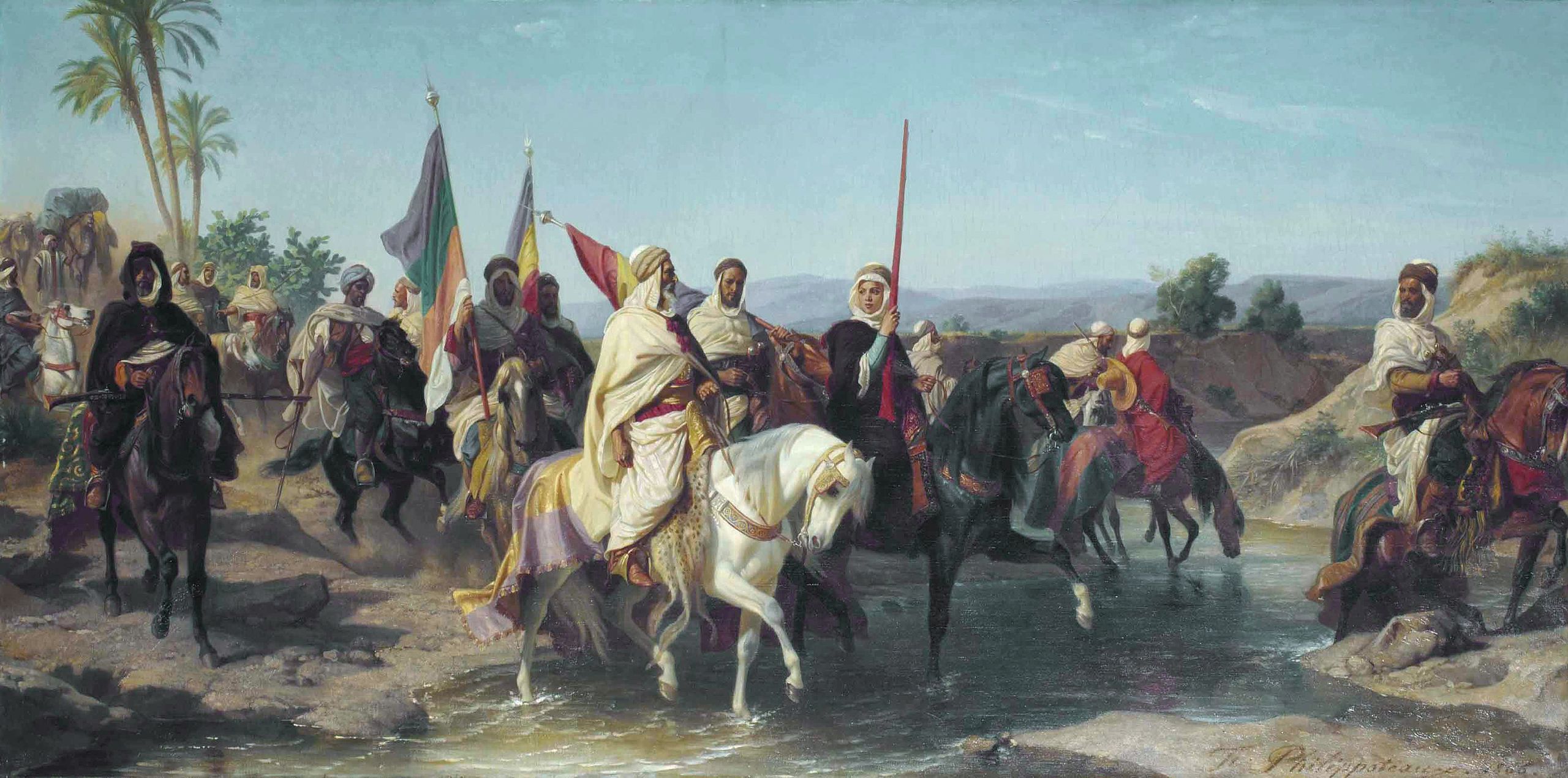 Chérif Boubaghla et Lalla Fatma N’Soumer conduisant l’armée révolutionnaire, représentés par le peintre français Henri Félix Emmanuel Philippoteaux, en 1866 (WikiCommons)