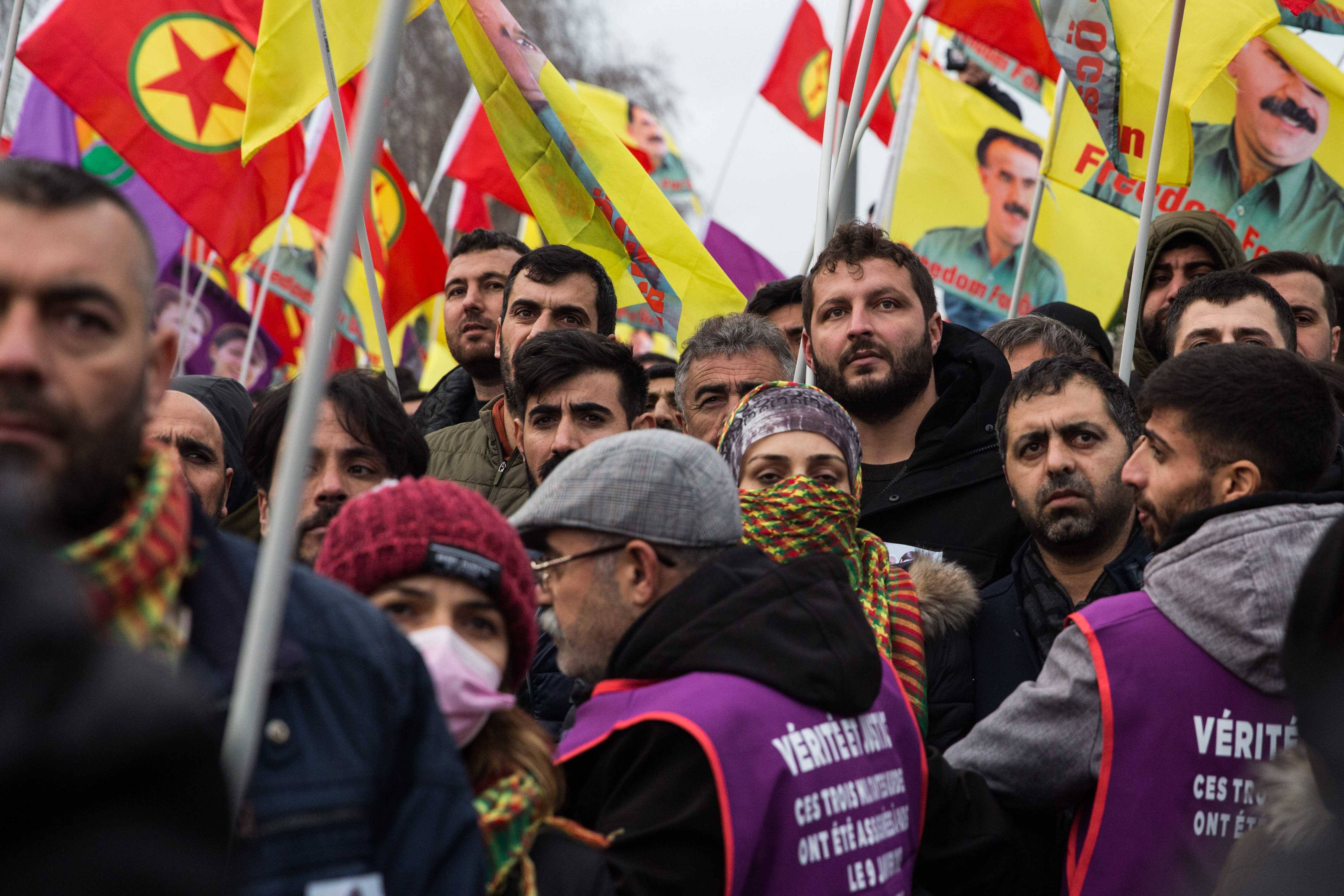 Members of Europe's Kurdish community outside the funeral service in northern Paris on 3 January 2023 (Laurent Perpigna Iban/MEE)