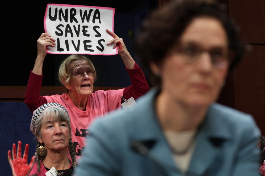 Demonstrators stage a protest during a hearing before the House Foreign Affairs Committee at the US Capitol on 30 January 2024, in Washington, DC (Alex Wong/AFP)