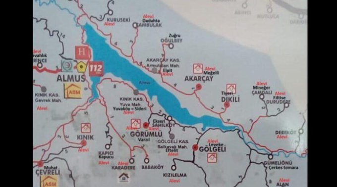 The controversial map, posted on social media, showing villages marked 'Alevi' (Twitter)