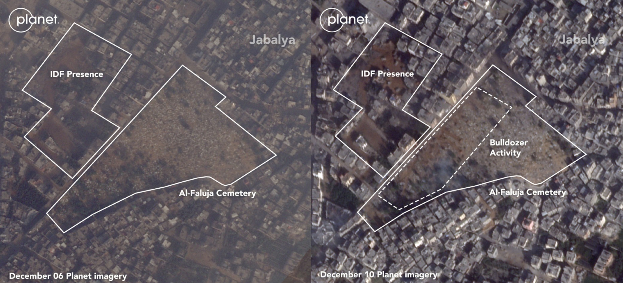Images satellite du cimetière d’al-Faluja datées du 6 décembre 2023 (à gauche) et du 10 décembre 2023 (à droite) (Planet Labs via Jake Godin/Scripps News)