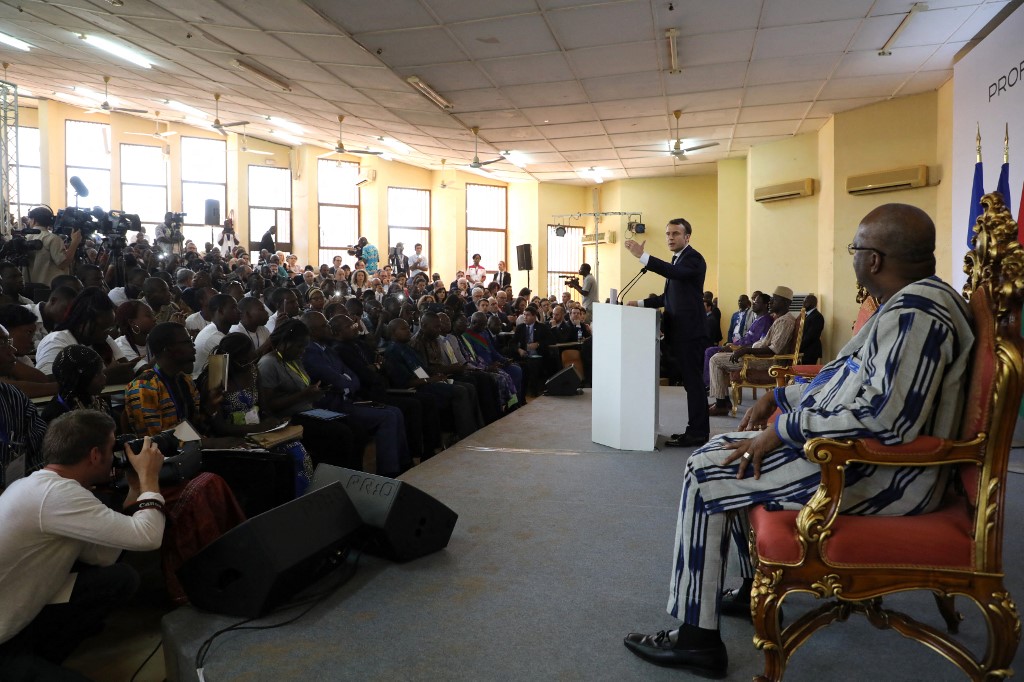 Emmanuel Macron speaking at the University of Ouagadougou, Burkina Faso, 28 November 2017 (AFP)