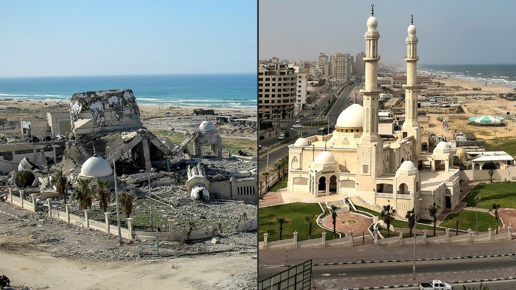 La mosquée Al-Hasayna, à Gaza. À gauche : photo datant de janvier 2024 après un bombardement israélien. À droite : une photo prise en 2021 (AFP/Mohammed Abed)