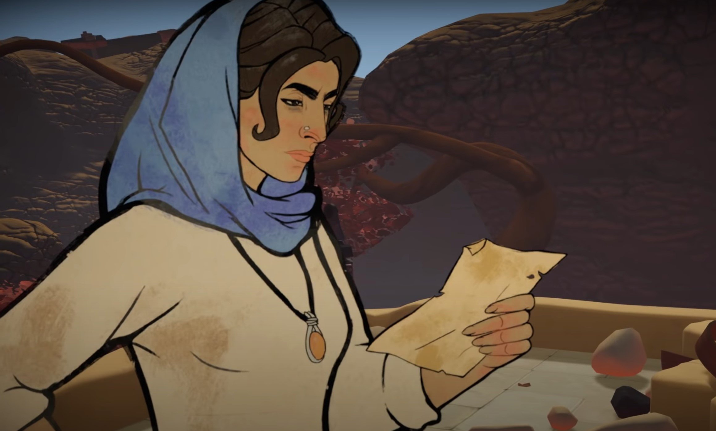 Heaven’s Vault suit l’histoire d’Aliya Elasra, une archéologue portant un foulard (Inkle)