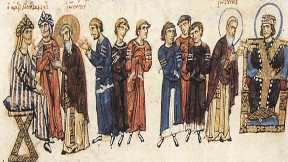 The embassy of John the Grammarian in 829, between the Byzantine emperor Theophilos (right) and the Abbasid caliph Al-Mamun, (Wikiwand)