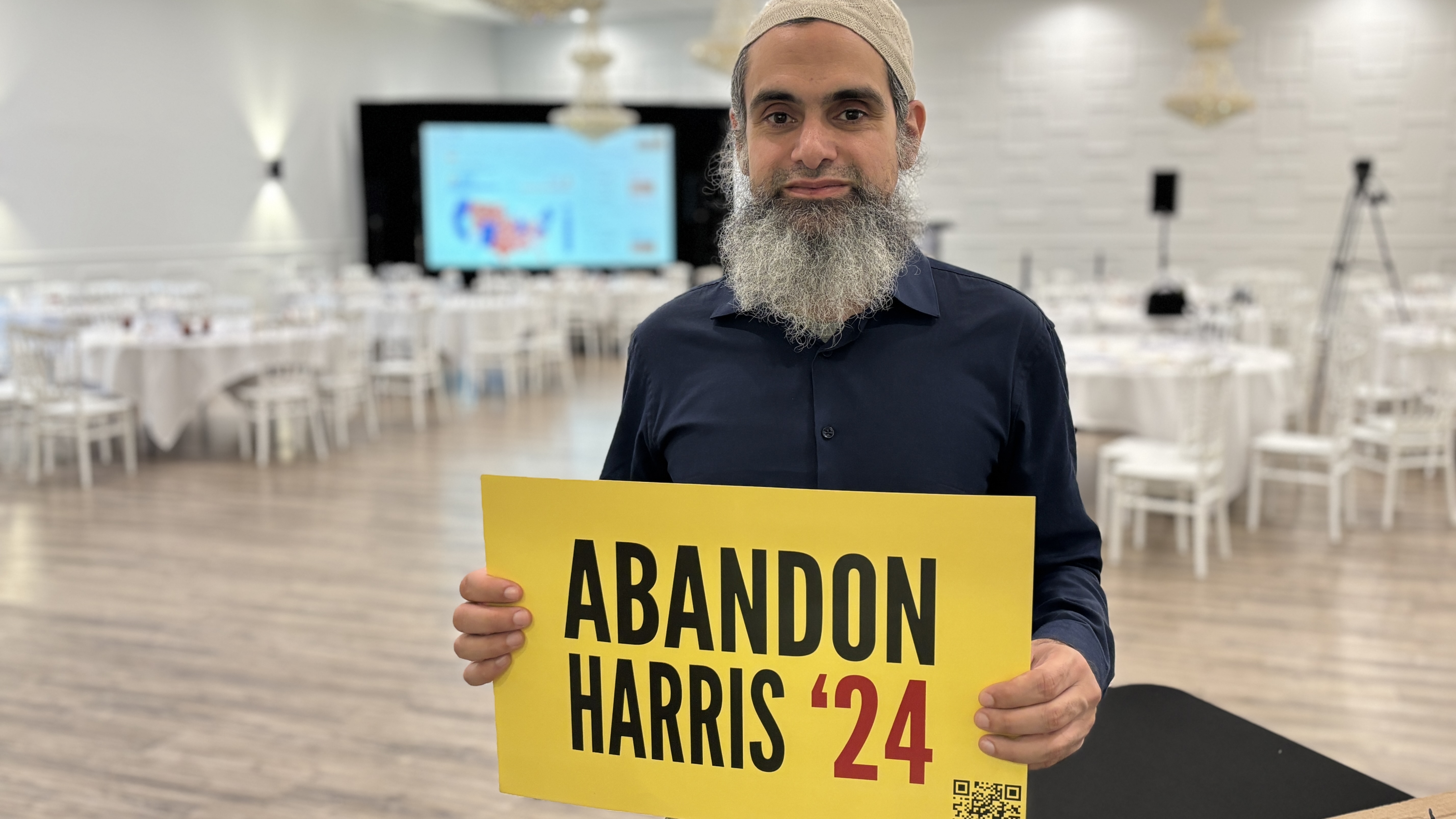 Co-founder of the Abandon Harris movement Hassan Abdel Salam poses for a photograph after his group's election night watch party in Dearborn, Michigan, US. 6 November, 2024 (Yasmine El-Sabawi/MEE)