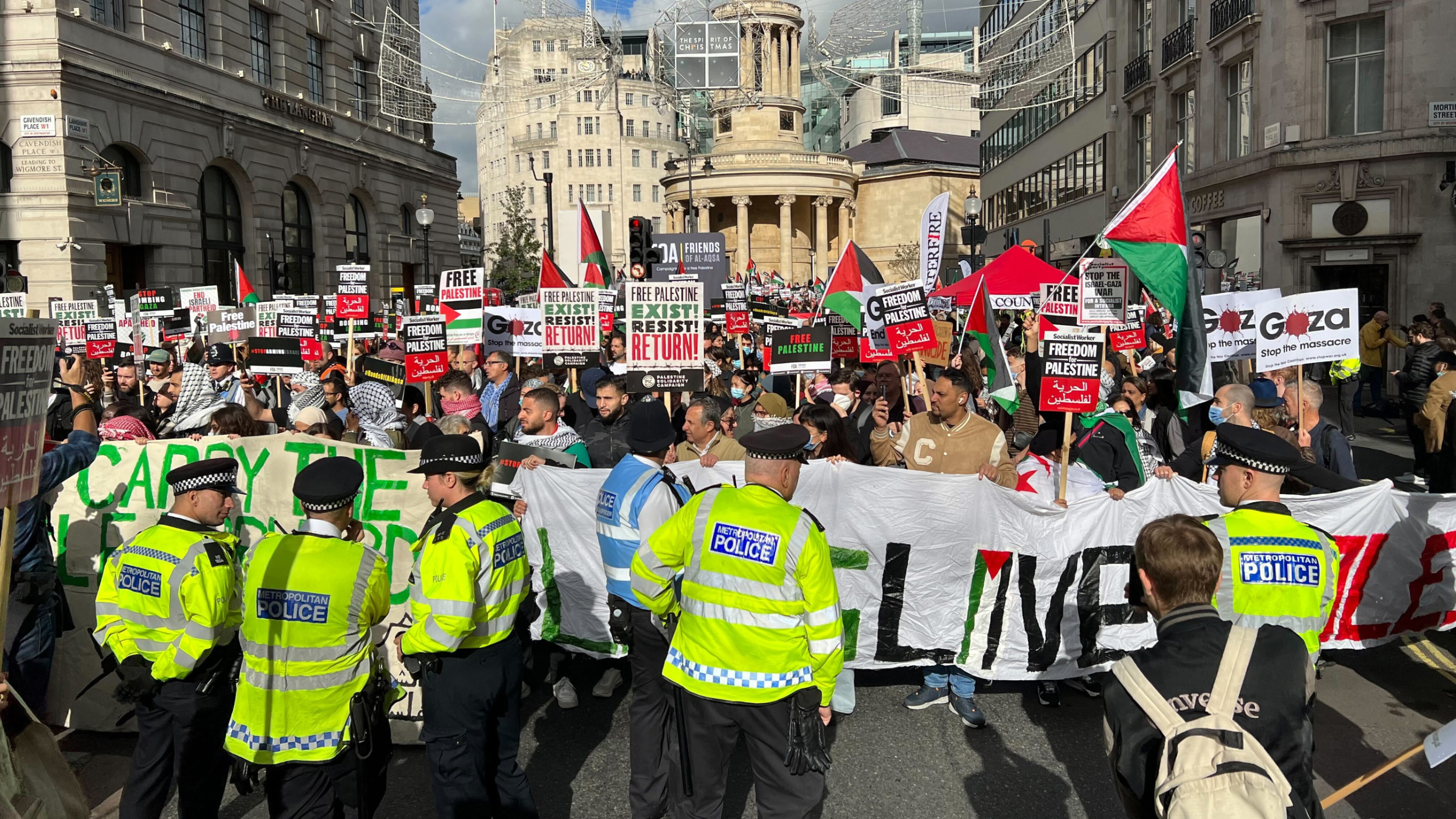Thousand of protesters gather with placards and Palestinian flags to take part in a 'March For Palestine' in London on 14 October 2023 (MEE/Hossam Sarhan)