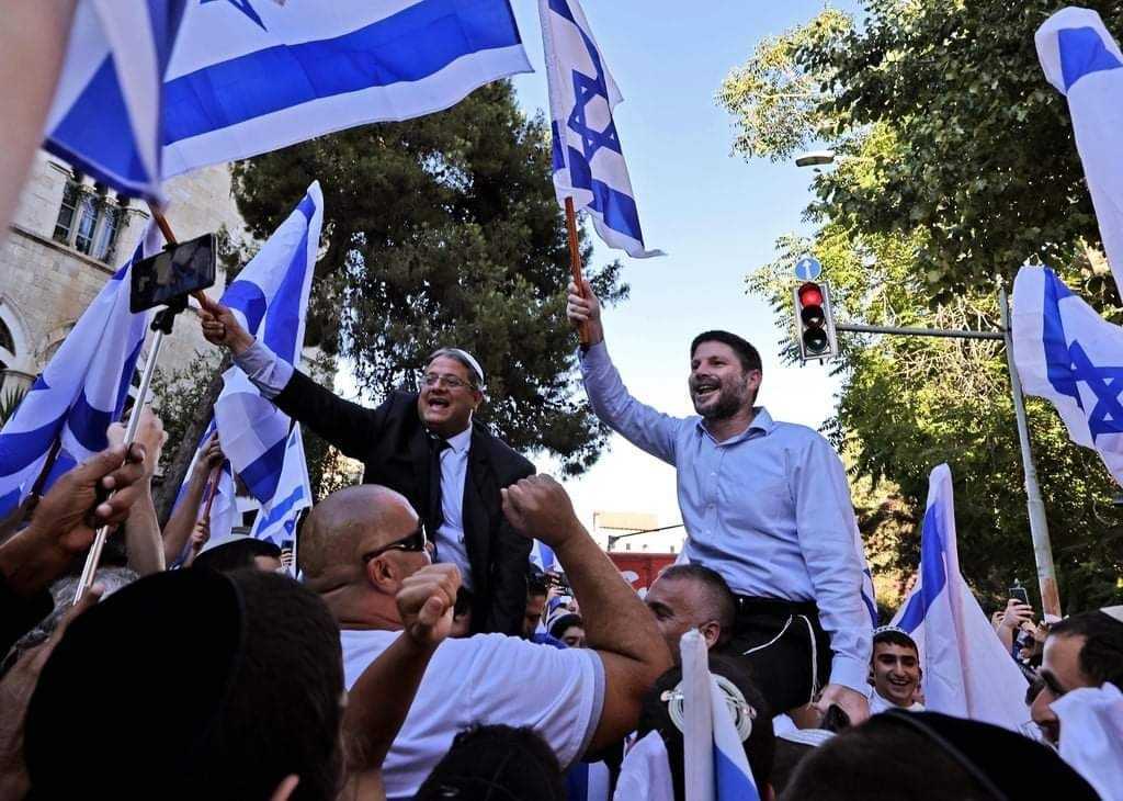 Right-wing politicians Itamar Ben-Gvir and Bezalel Smotrich at Tuesday's march (MEE/Supplied)