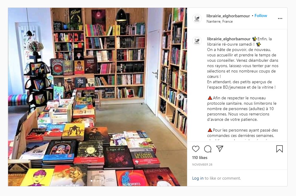 The Parisian bookshop stocks a diverse collection of literature, including books discussing the experience of migration (Instagram)