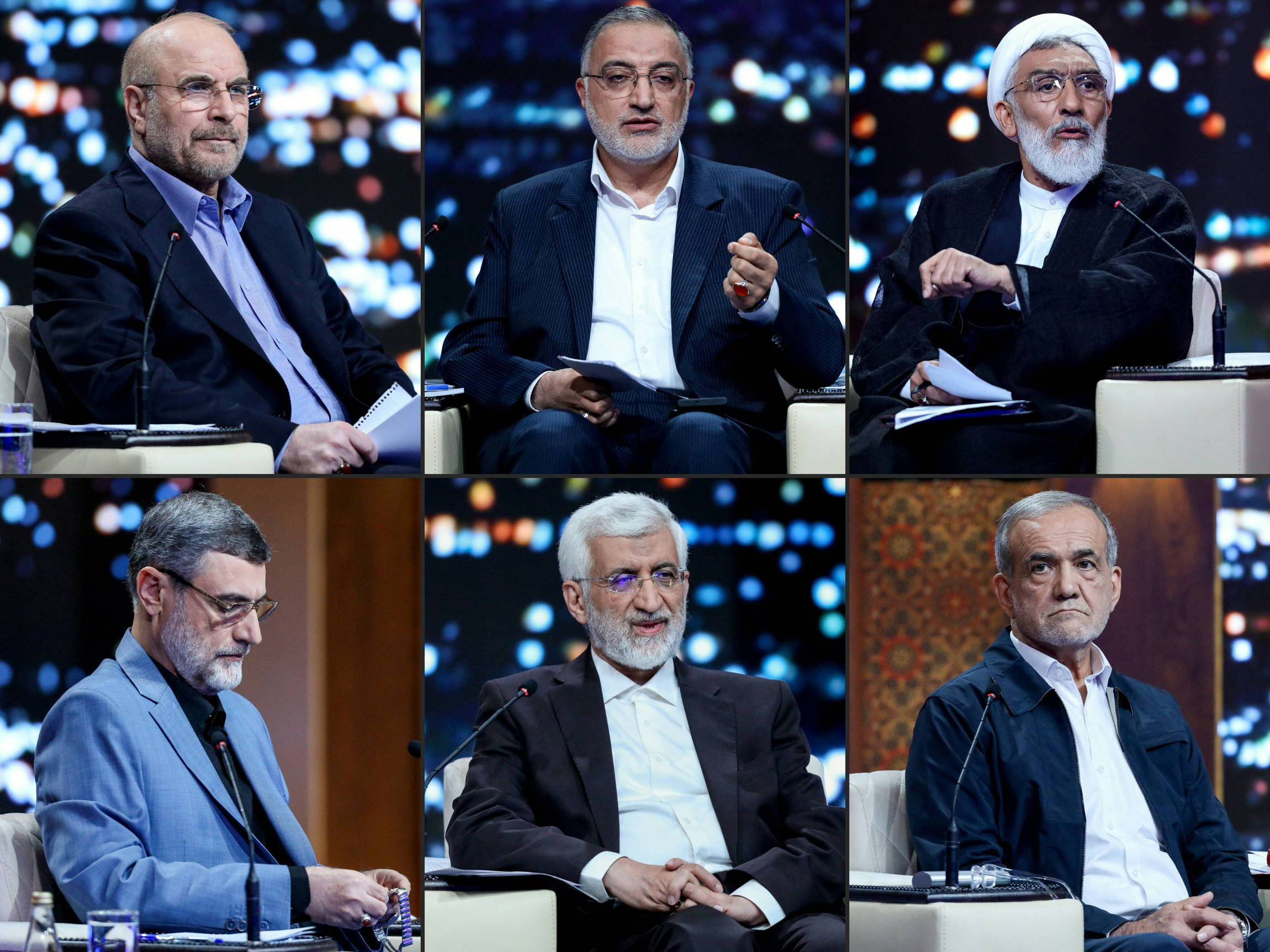 (R-L) Mohammad Baqer Qalibaf, Alireza Zakani, Mostafa Pourmohammadi, Masoud Pezeshkian, Saeed Jalili, and Amirhossein Ghazizadeh-Hashemi during a presidential debate, 17 June 2024 (IRIB/AFP)